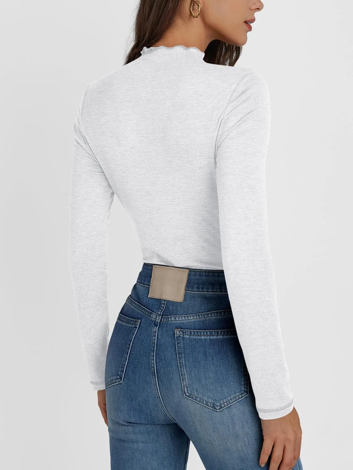 AUTOMET Pleated Long Sleeve Shirts Womens Lettuce Trim Mock Neck Blouses Casual Slim Fit Tops