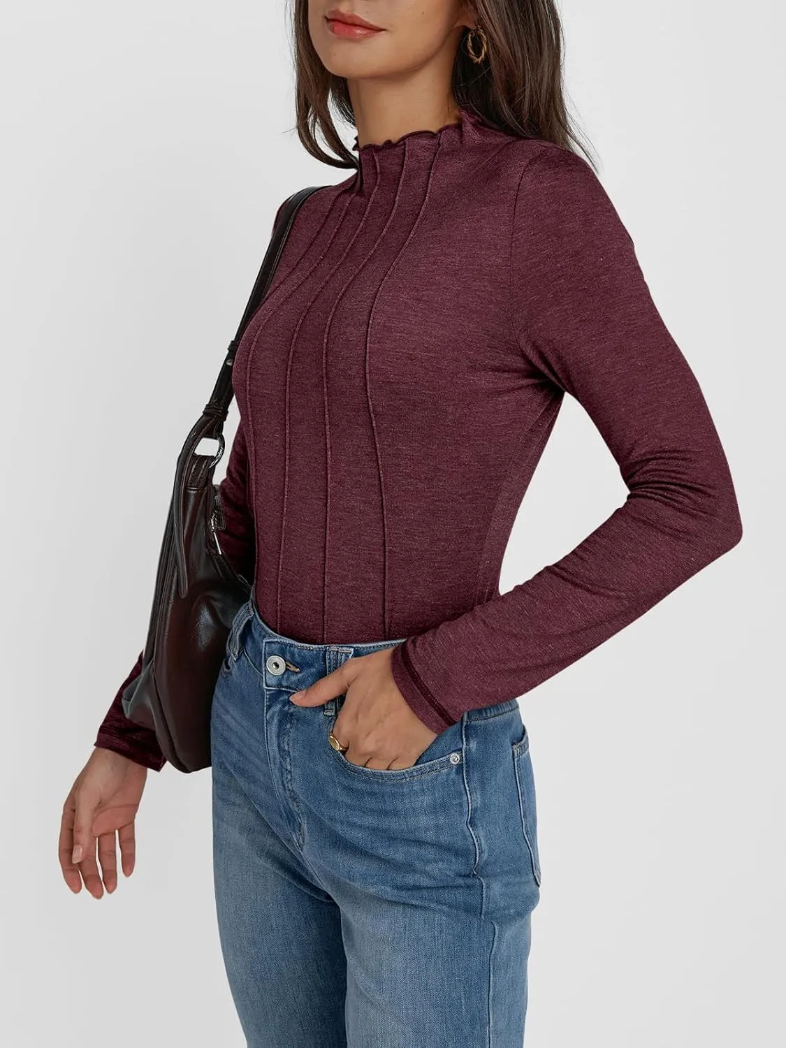 AUTOMET Pleated Long Sleeve Shirts Womens Lettuce Trim Mock Neck Blouses Casual Slim Fit Tops