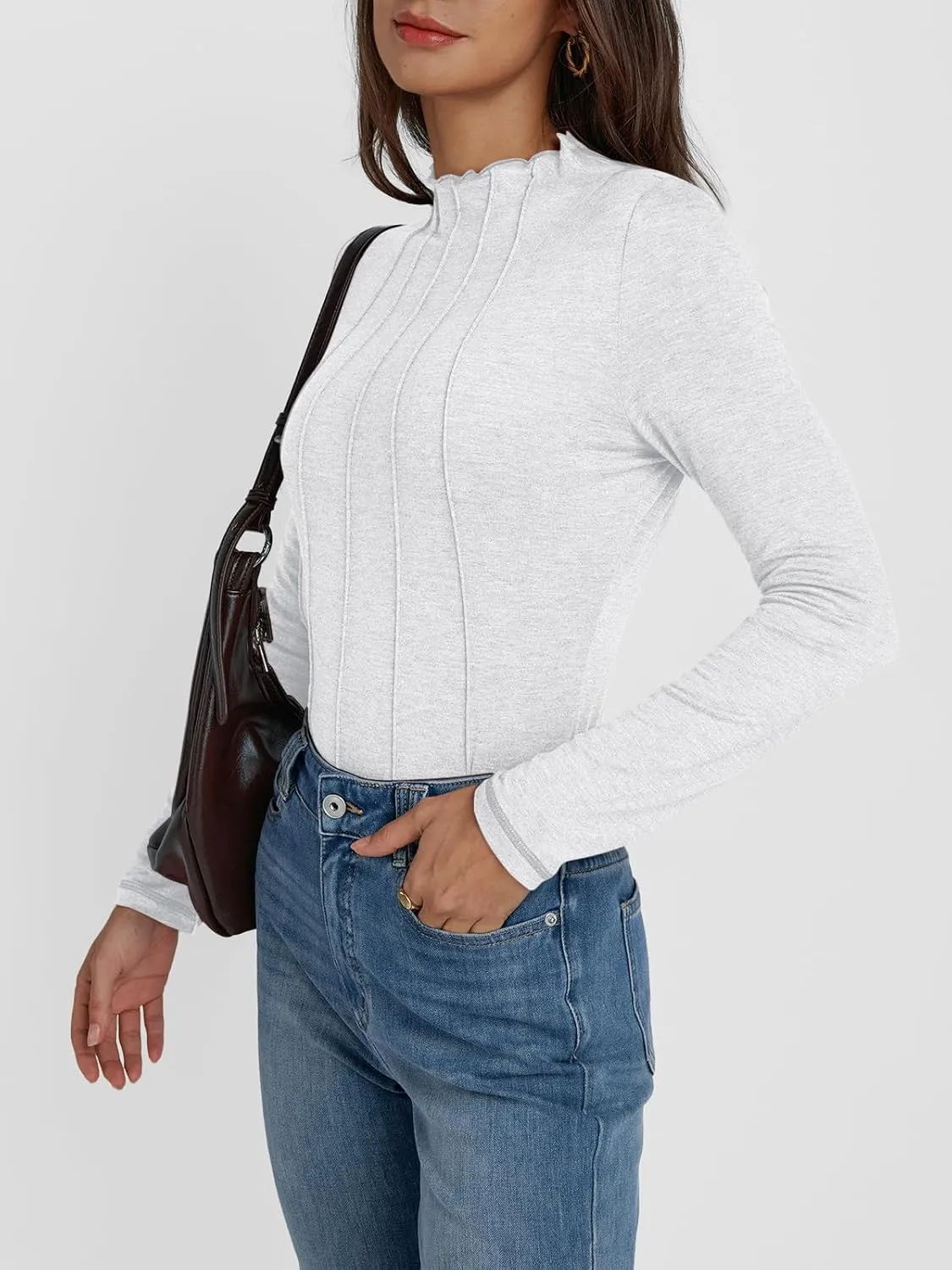 AUTOMET Pleated Long Sleeve Shirts Womens Lettuce Trim Mock Neck Blouses Casual Slim Fit Tops