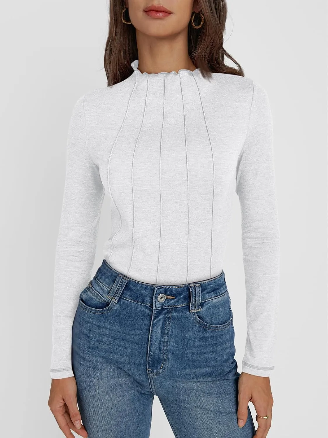AUTOMET Pleated Long Sleeve Shirts Womens Lettuce Trim Mock Neck Blouses Casual Slim Fit Tops