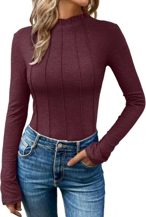 AUTOMET Pleated Long Sleeve Shirts Womens Lettuce Trim Mock Neck Blouses Casual Slim Fit Tops