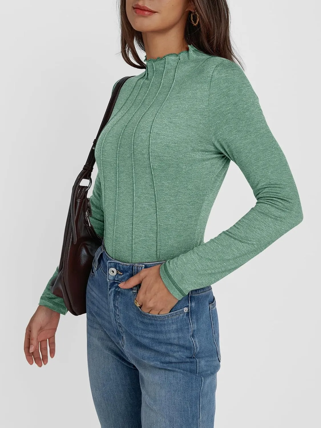 AUTOMET Pleated Long Sleeve Shirts Womens Lettuce Trim Mock Neck Blouses Casual Slim Fit Tops