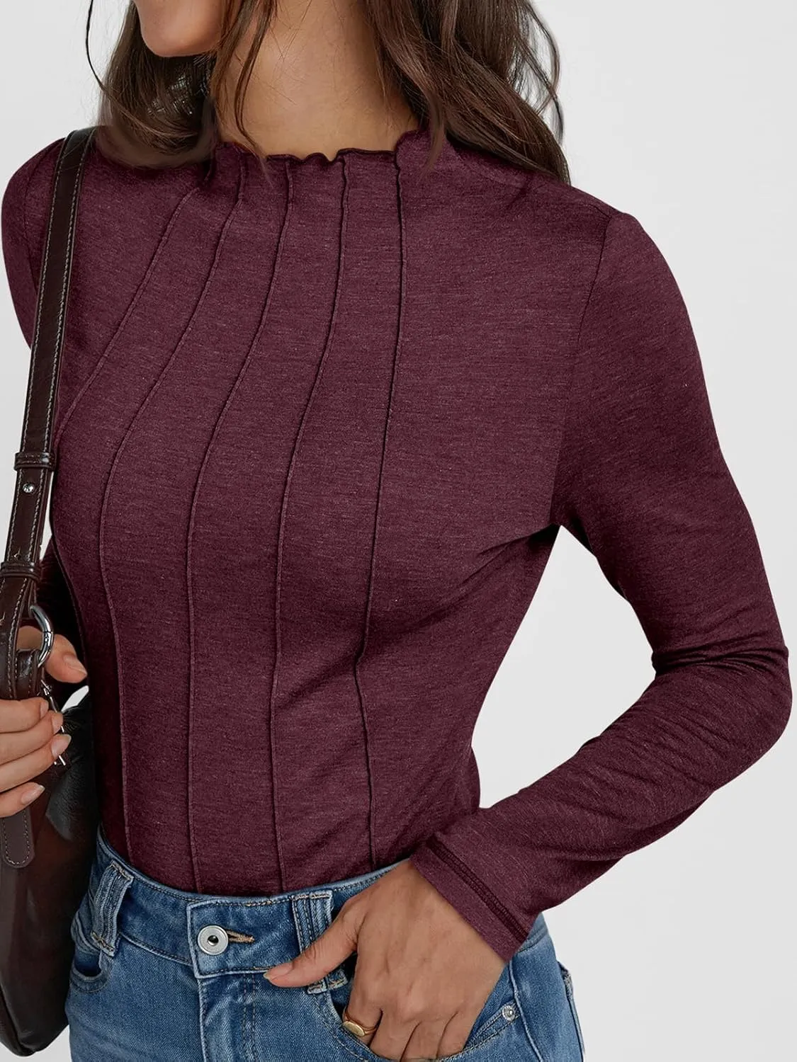 AUTOMET Pleated Long Sleeve Shirts Womens Lettuce Trim Mock Neck Blouses Casual Slim Fit Tops