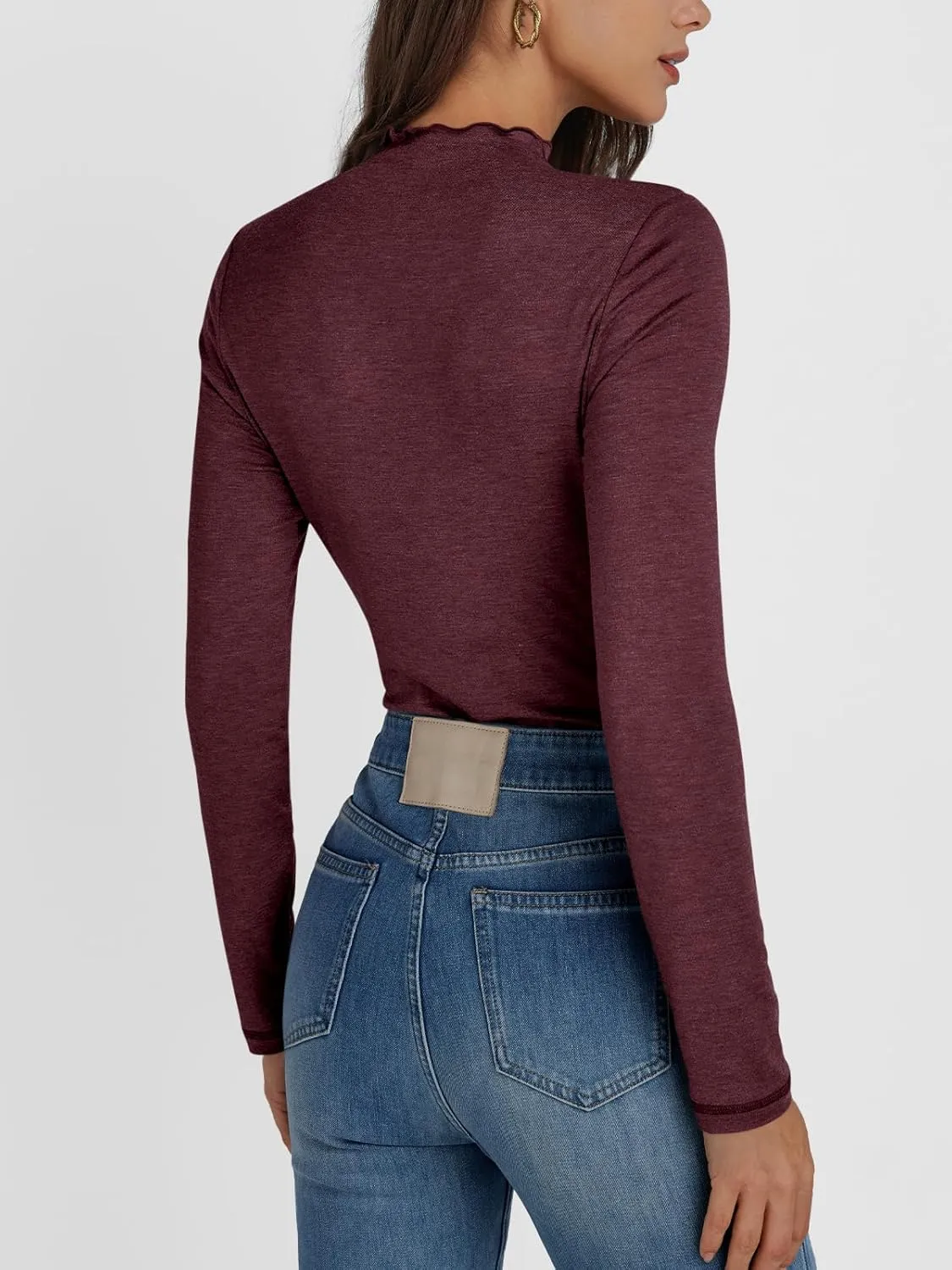 AUTOMET Pleated Long Sleeve Shirts Womens Lettuce Trim Mock Neck Blouses Casual Slim Fit Tops