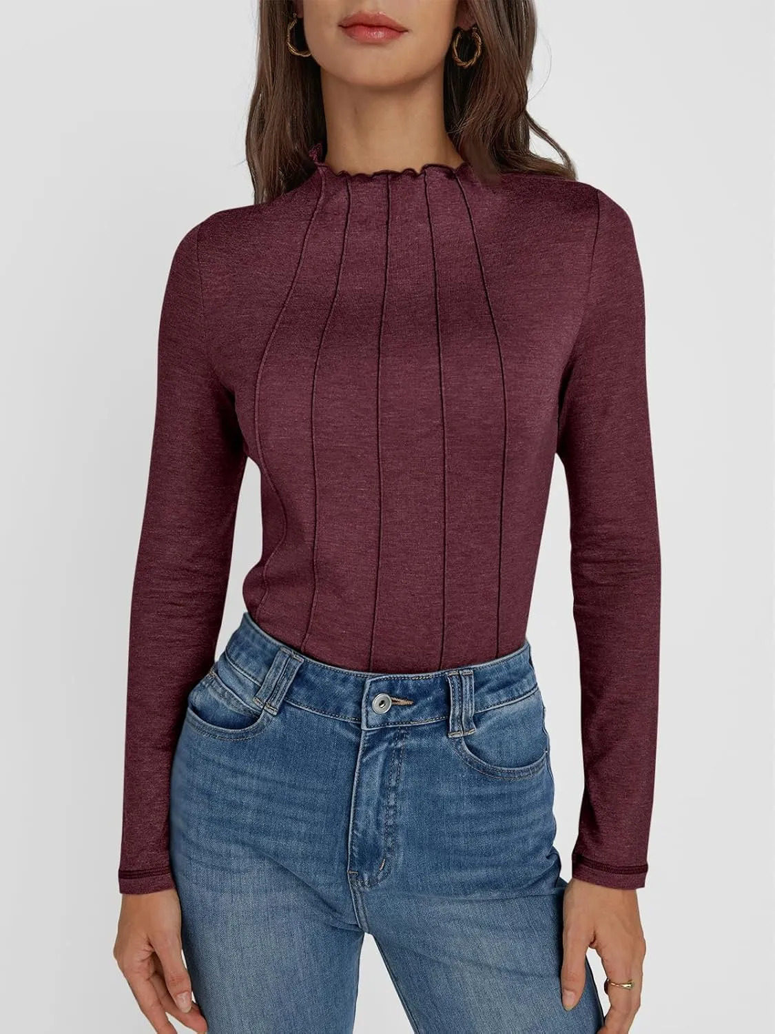 AUTOMET Pleated Long Sleeve Shirts Womens Lettuce Trim Mock Neck Blouses Casual Slim Fit Tops