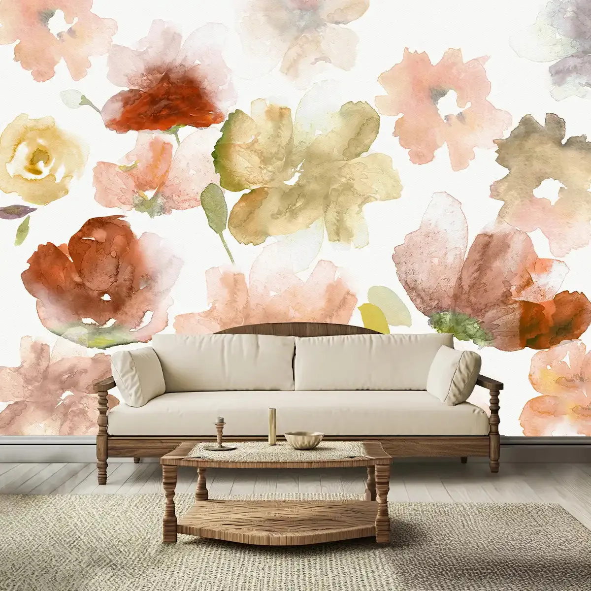 Big Flowers in Water Color Painted Style Wallpaper Customised Rust Color