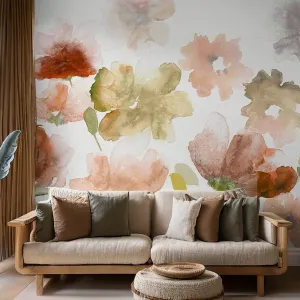 Big Flowers in Water Color Painted Style Wallpaper Customised Rust Color