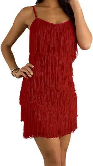 Cheryl Creations Women's Short All-Over Fringe Flapper Sleeveless Comfortable Day/Night Mini Dress with Adjustable Bra Straps