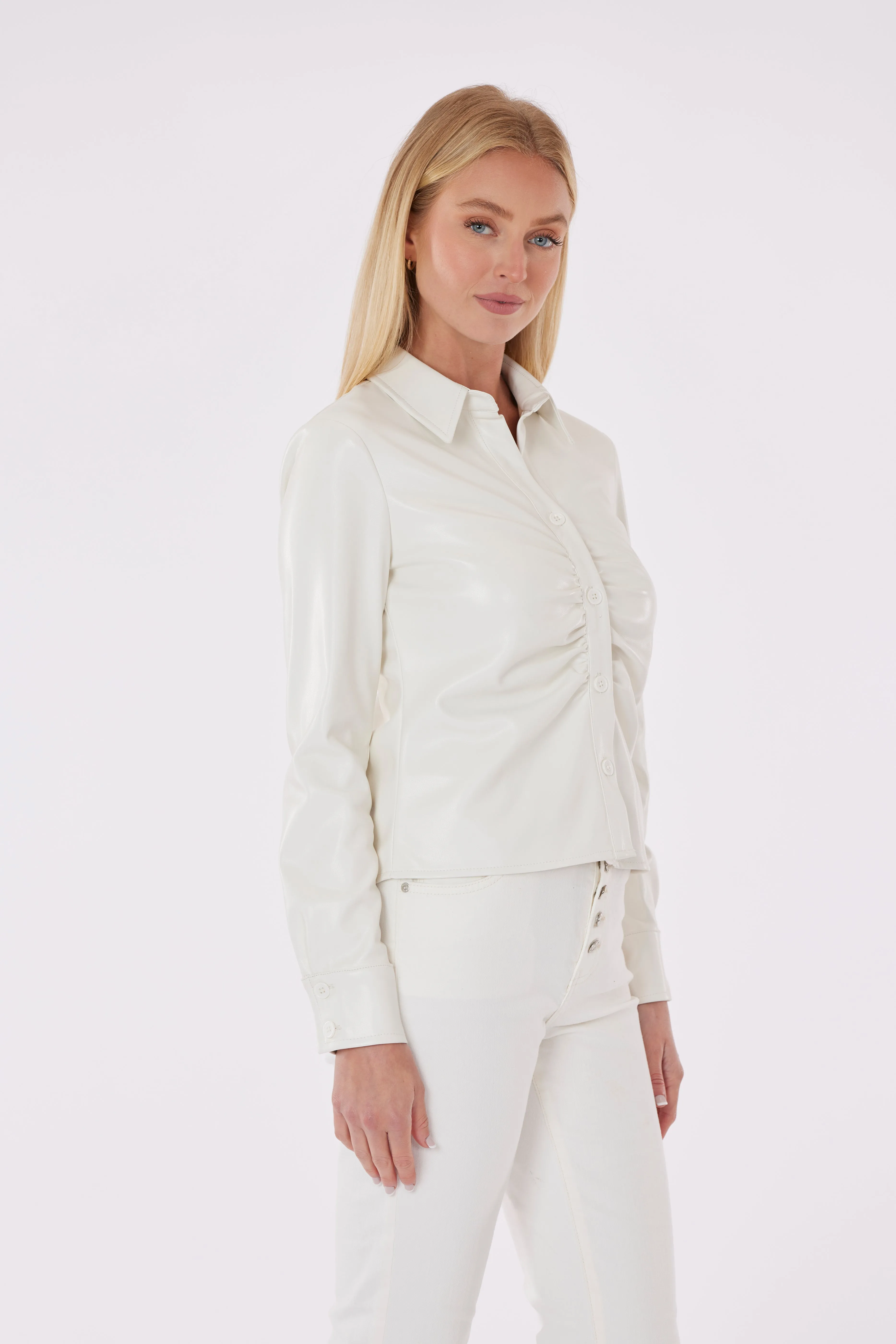 Faux Leather Button-Up Shirt with Ruching Detail
