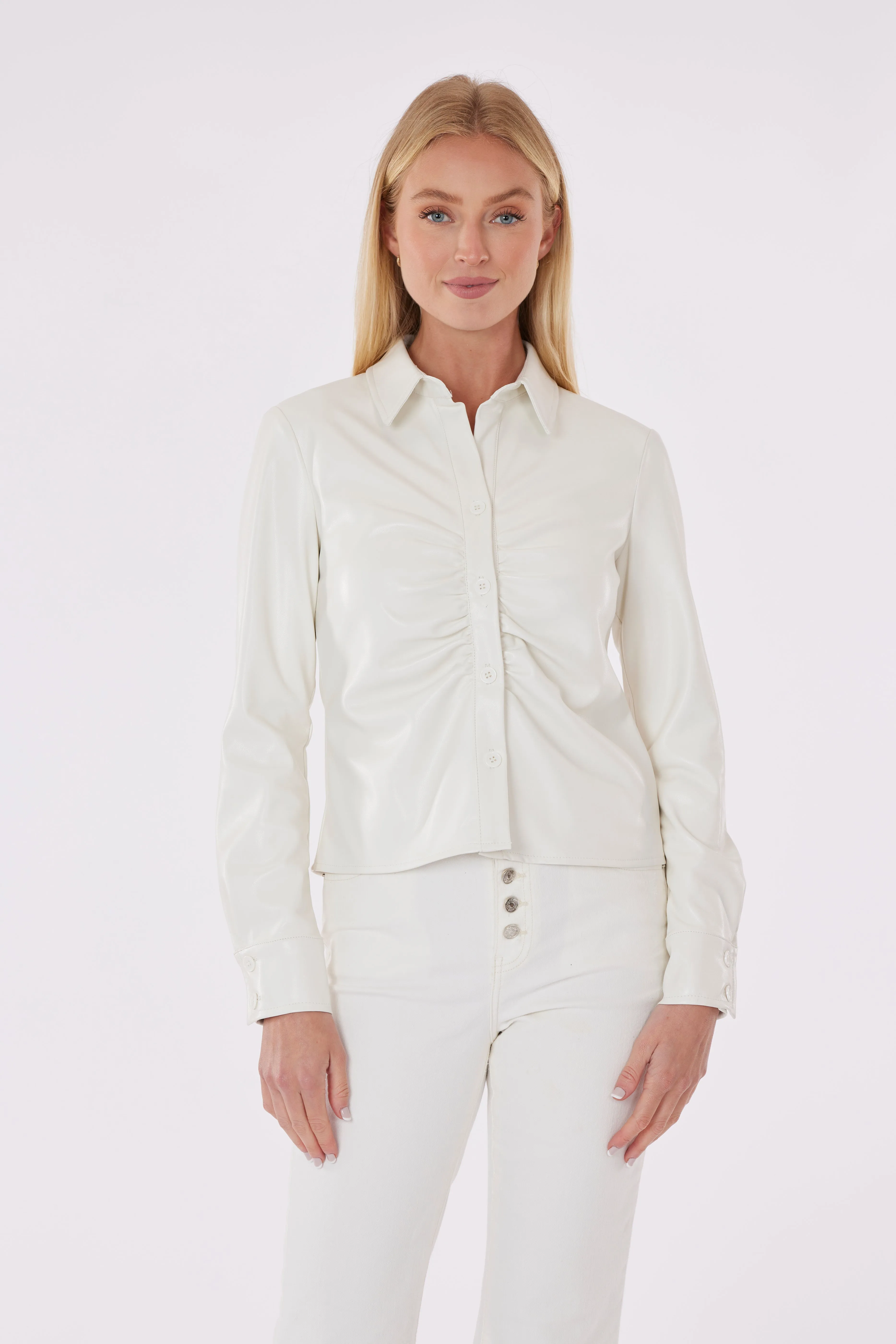 Faux Leather Button-Up Shirt with Ruching Detail