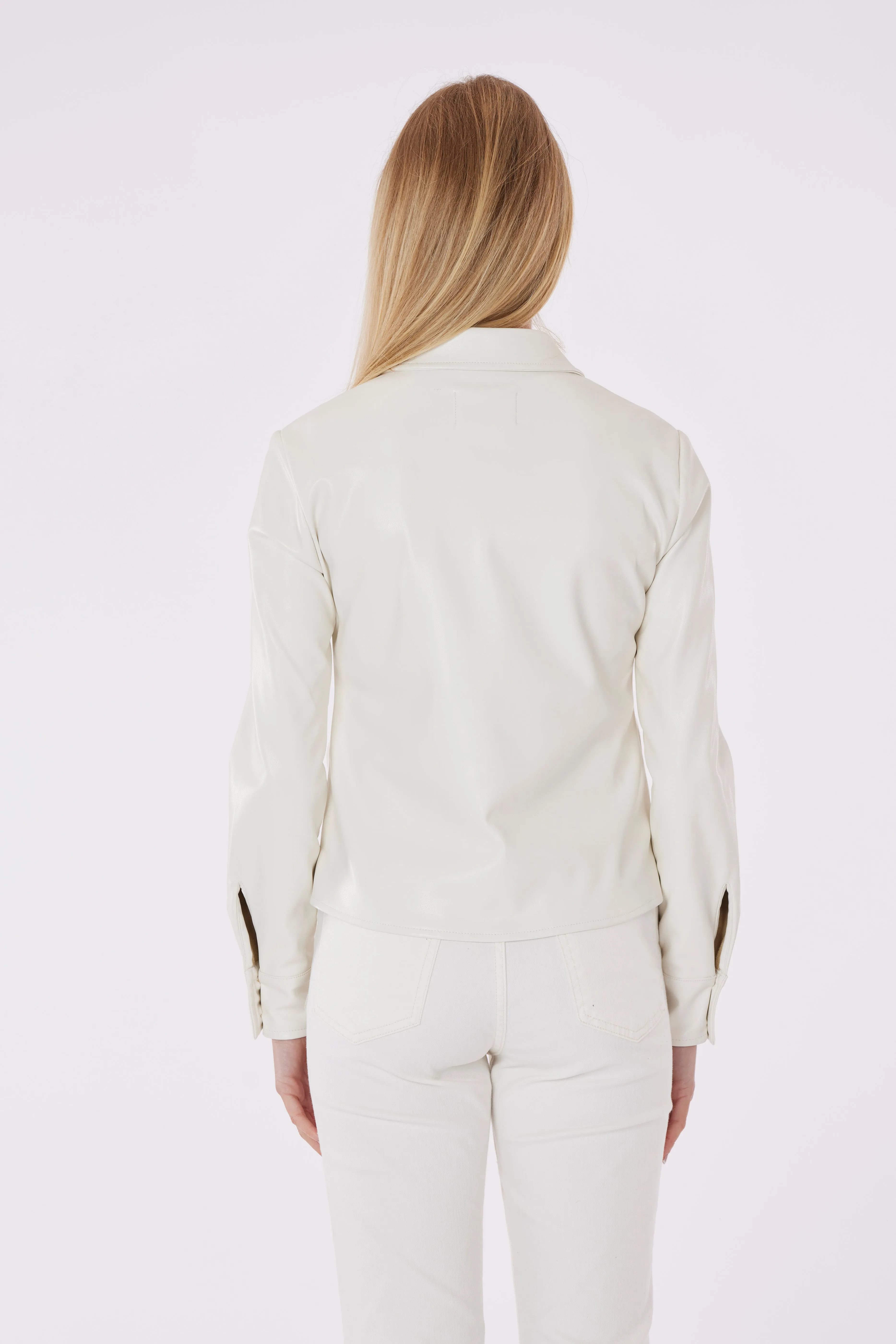 Faux Leather Button-Up Shirt with Ruching Detail