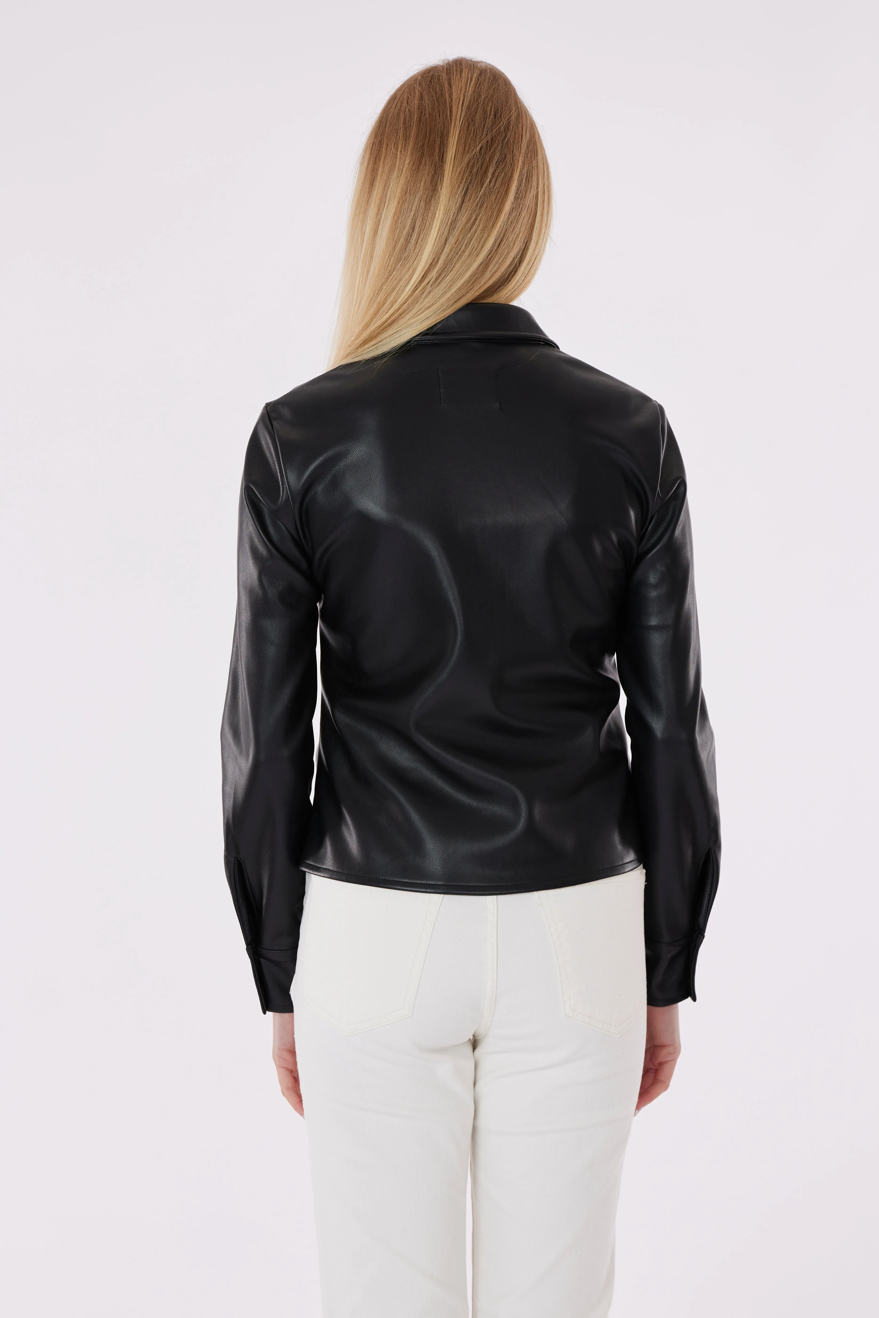 Faux Leather Button-Up Shirt with Ruching Detail
