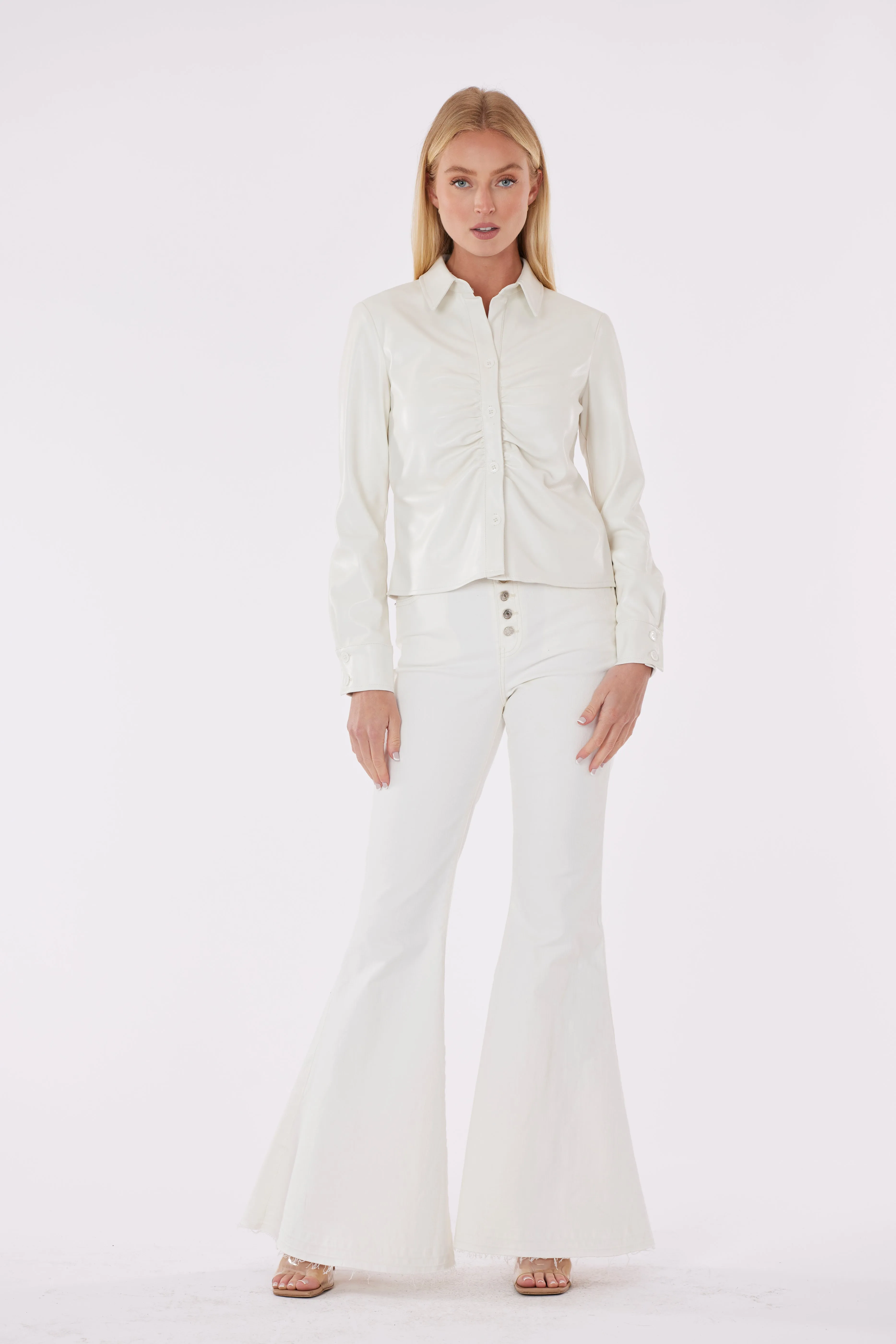Faux Leather Button-Up Shirt with Ruching Detail