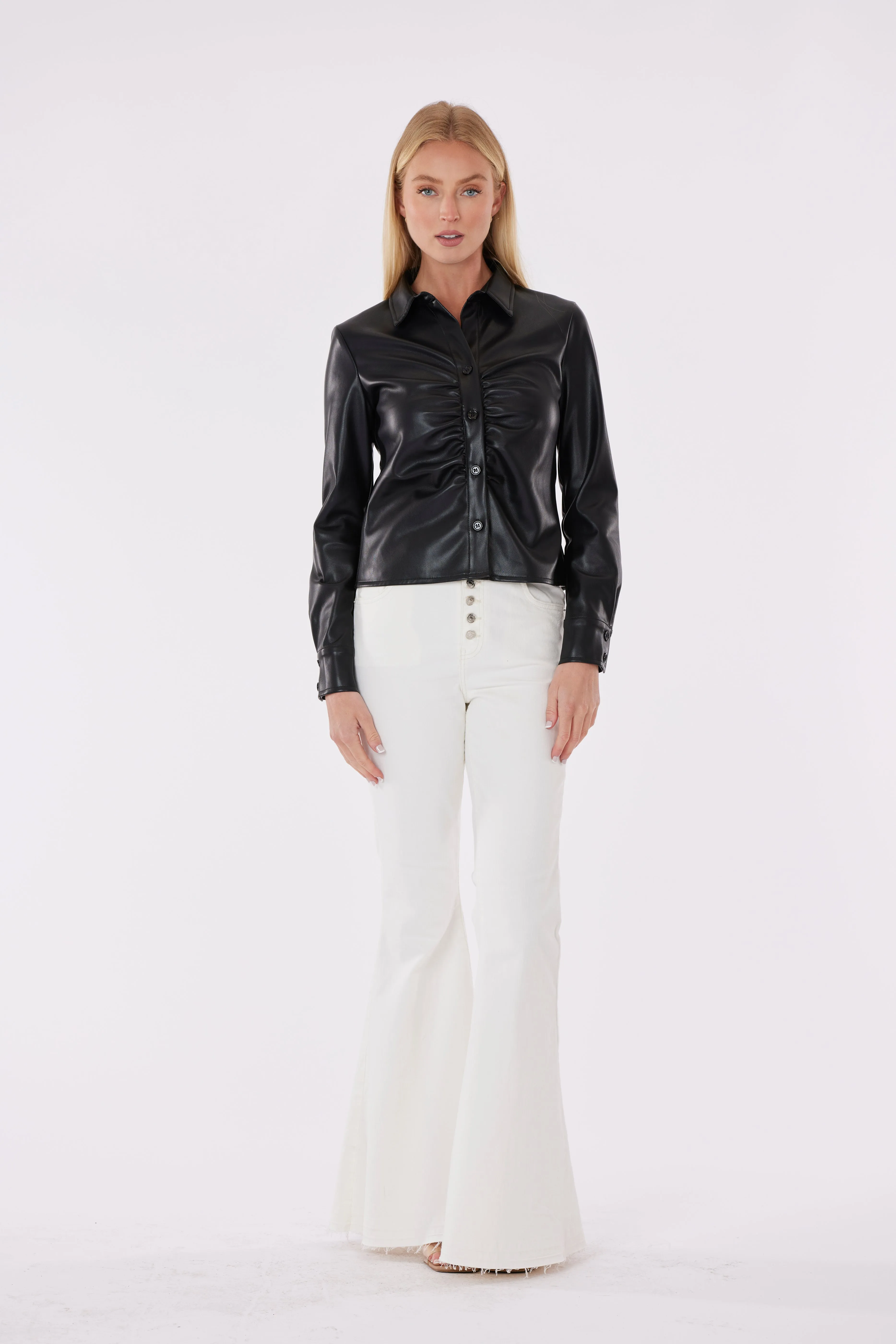 Faux Leather Button-Up Shirt with Ruching Detail