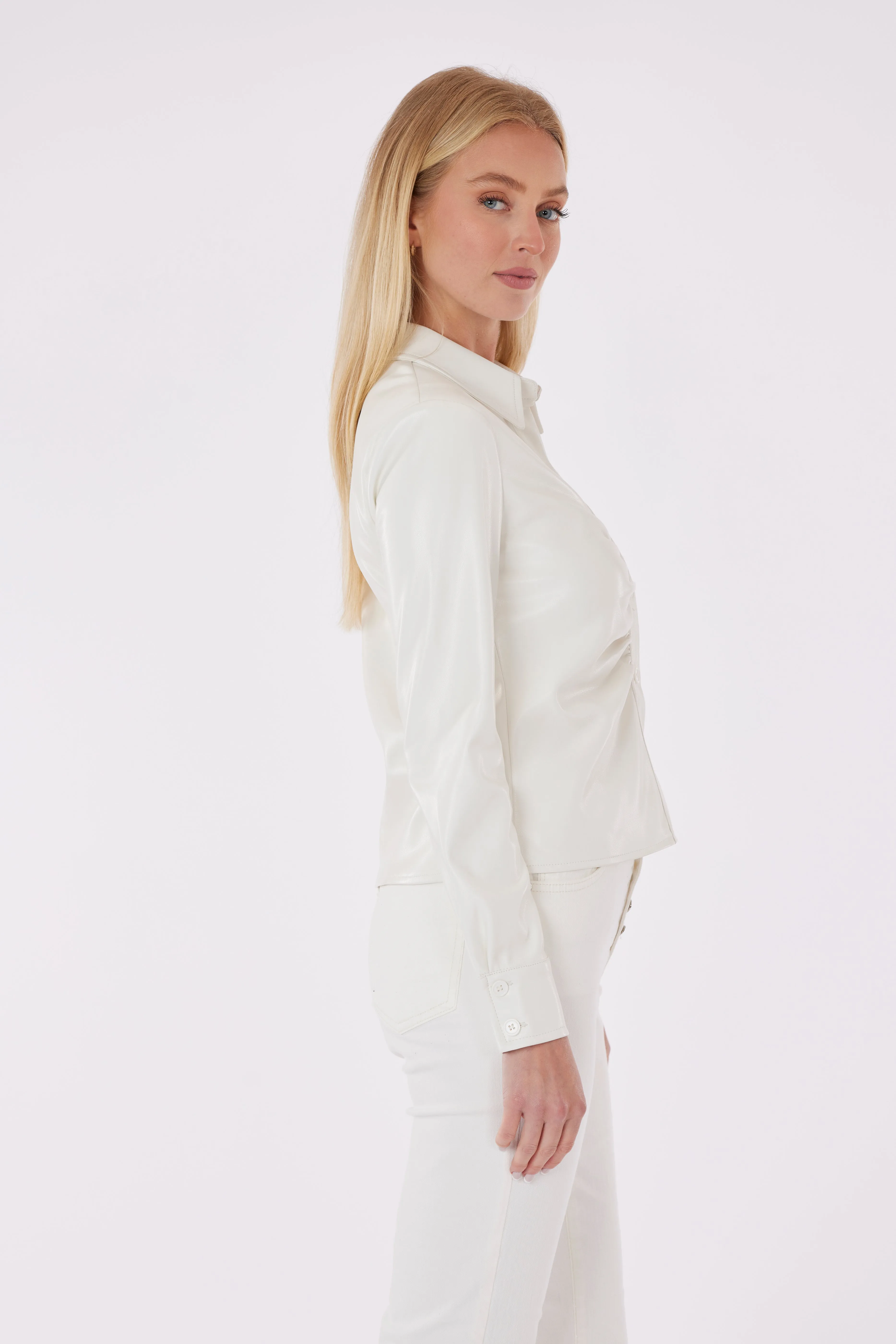 Faux Leather Button-Up Shirt with Ruching Detail