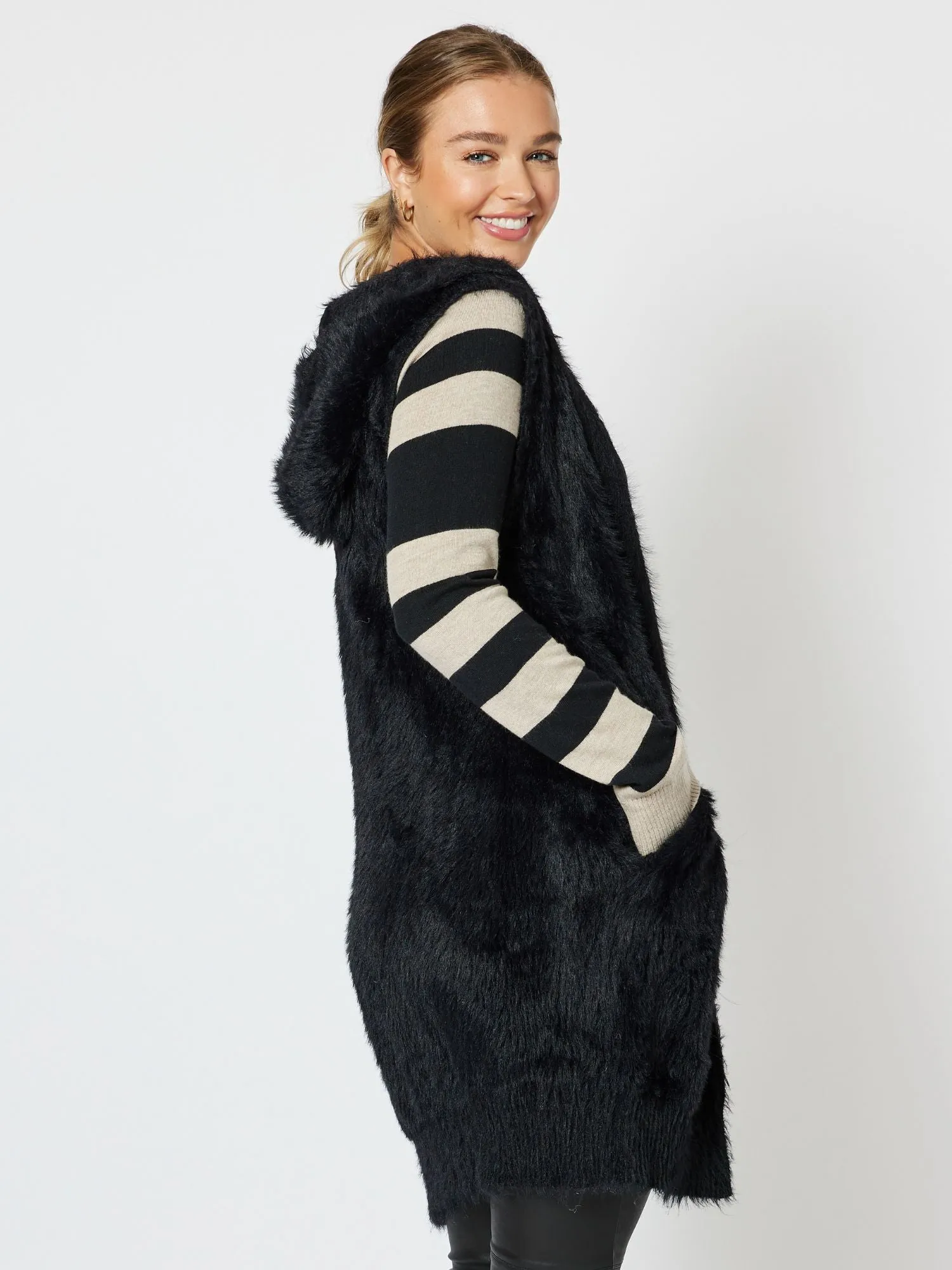Feather Knit Longline Hooded Vest - Black