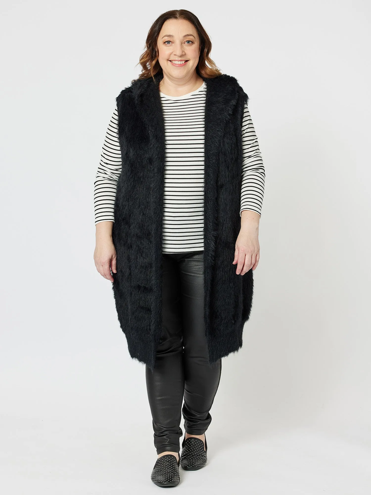 Feather Knit Longline Hooded Vest - Black