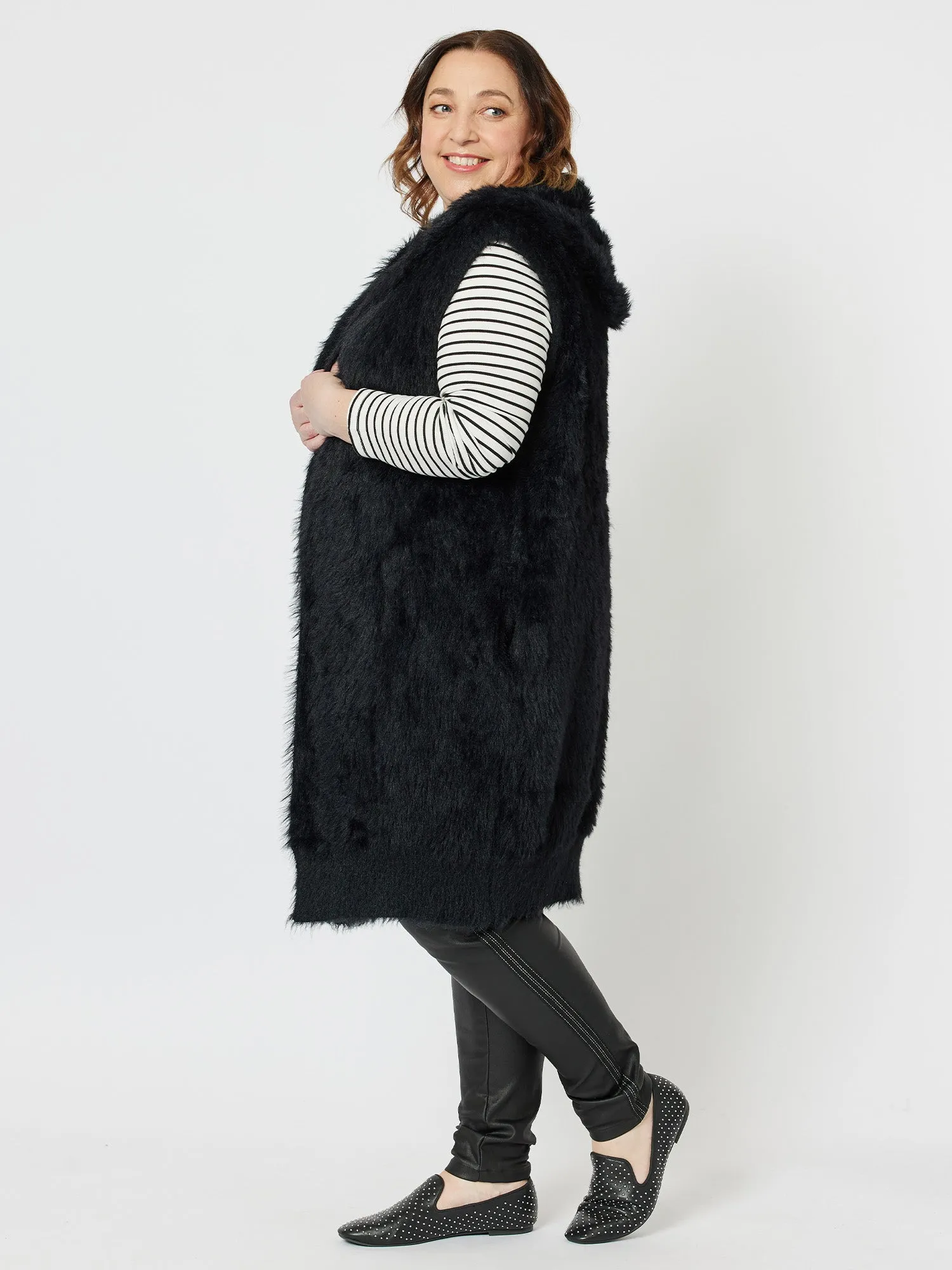 Feather Knit Longline Hooded Vest - Black