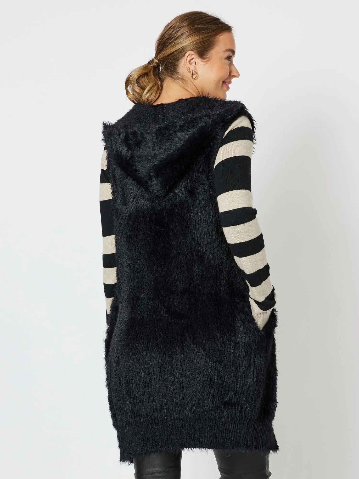Feather Knit Longline Hooded Vest - Black