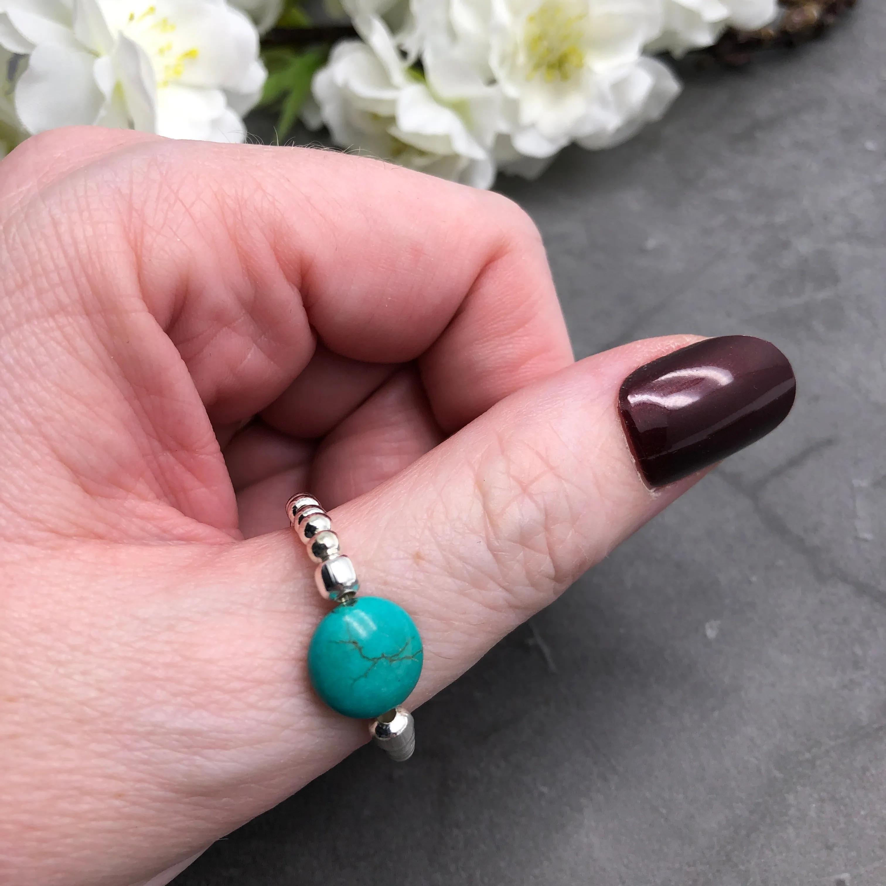 Flat Turquoise Stretch Ring with Silver Plated Beads