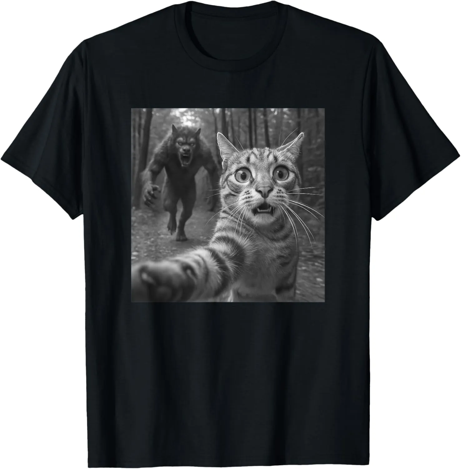 Funny Cat Selfie Werewolf Chase Scary Monster Gift T-Shirt