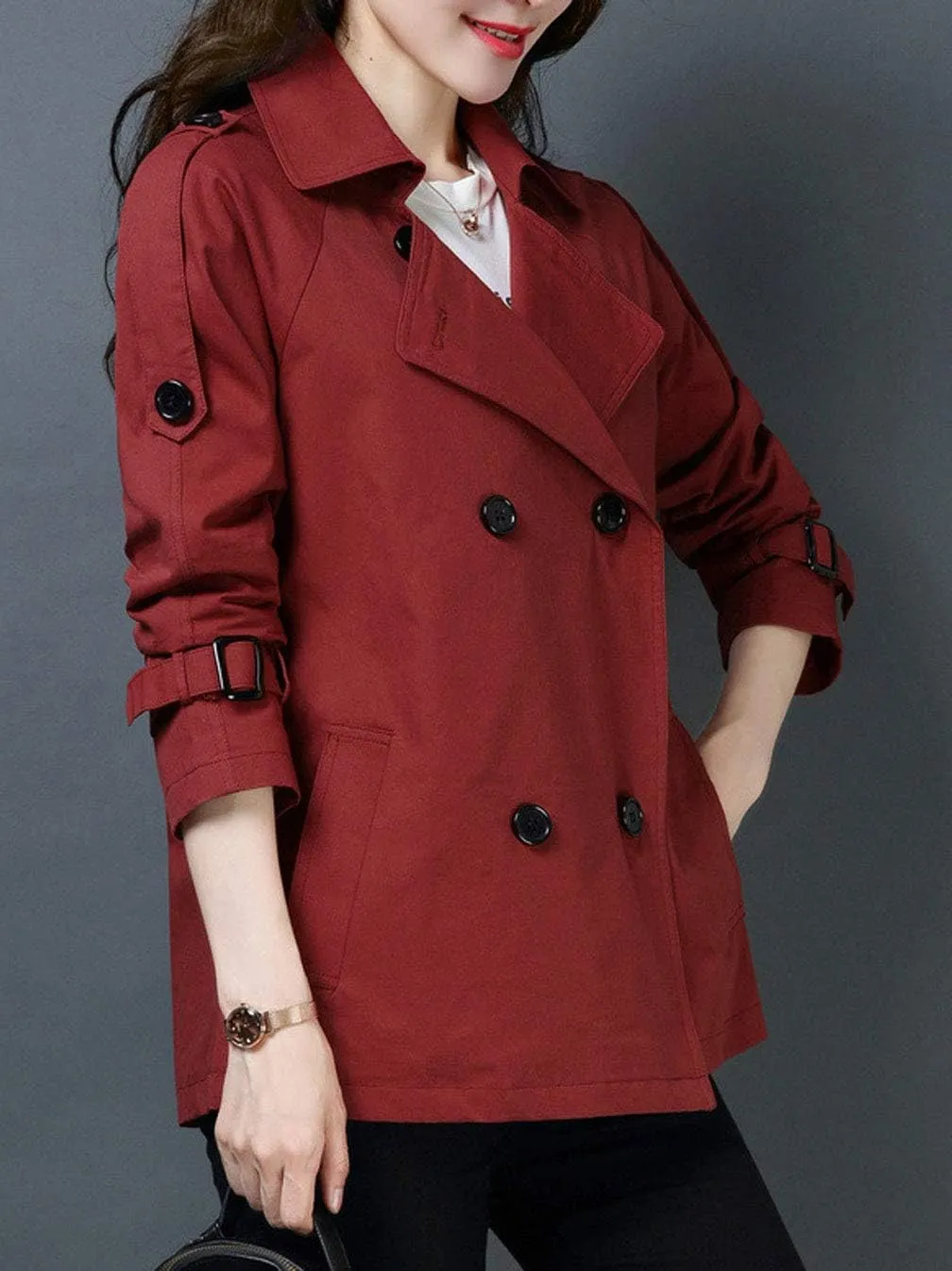 GGUHHU Womens Stylish Double Breasted Notched Collar Cotton Trench Pea Coat Short Windbreaker