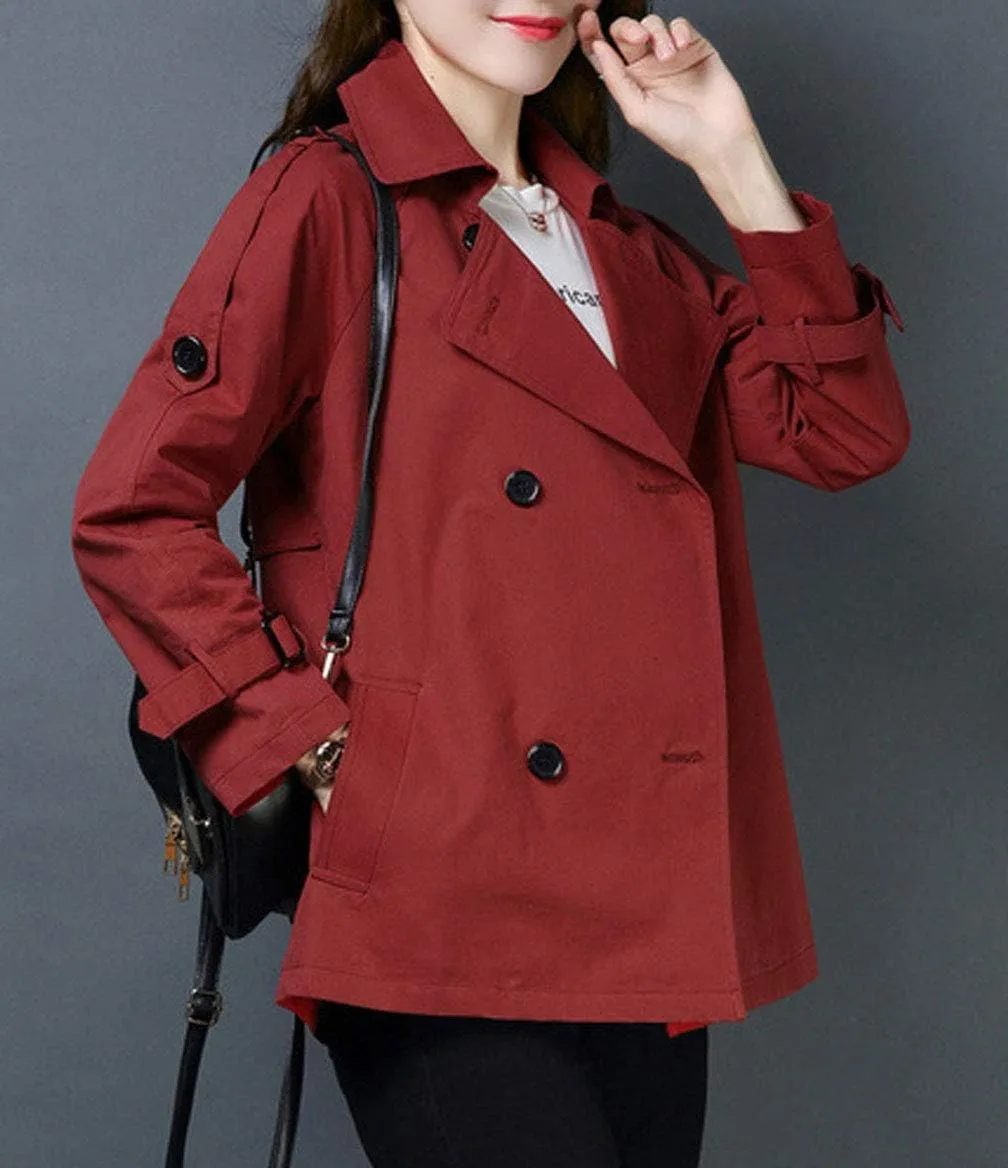 GGUHHU Womens Stylish Double Breasted Notched Collar Cotton Trench Pea Coat Short Windbreaker