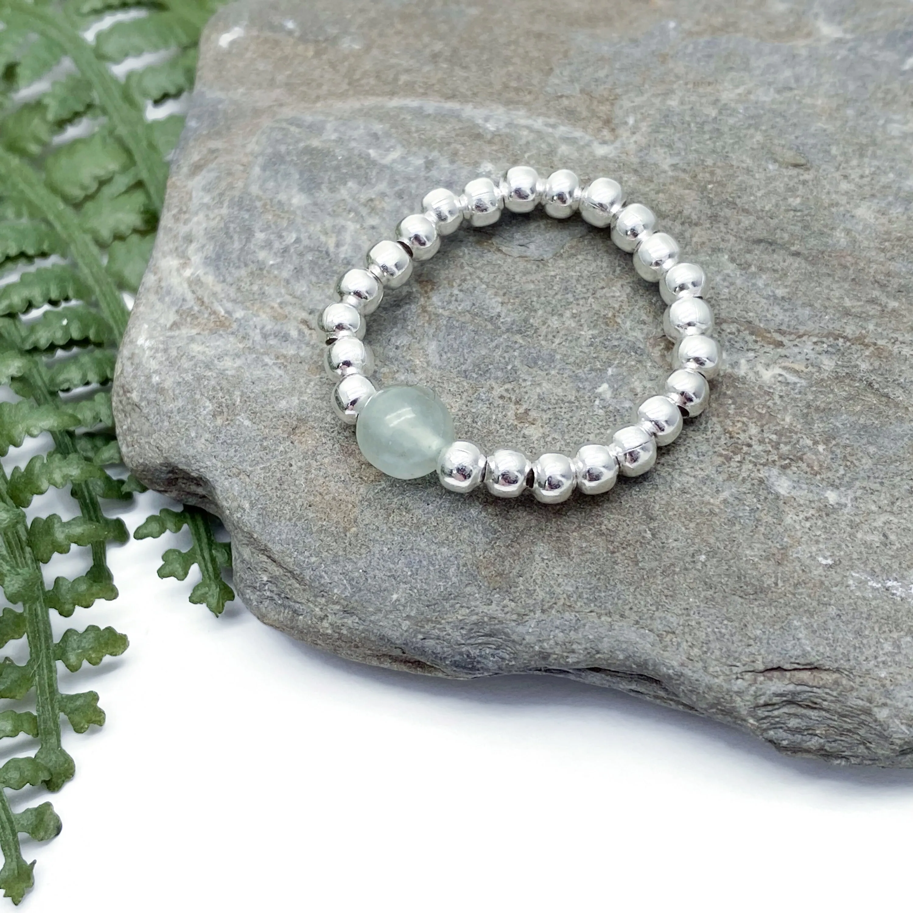 Green Aventurine Stretch Ring with Silver Plated Beads