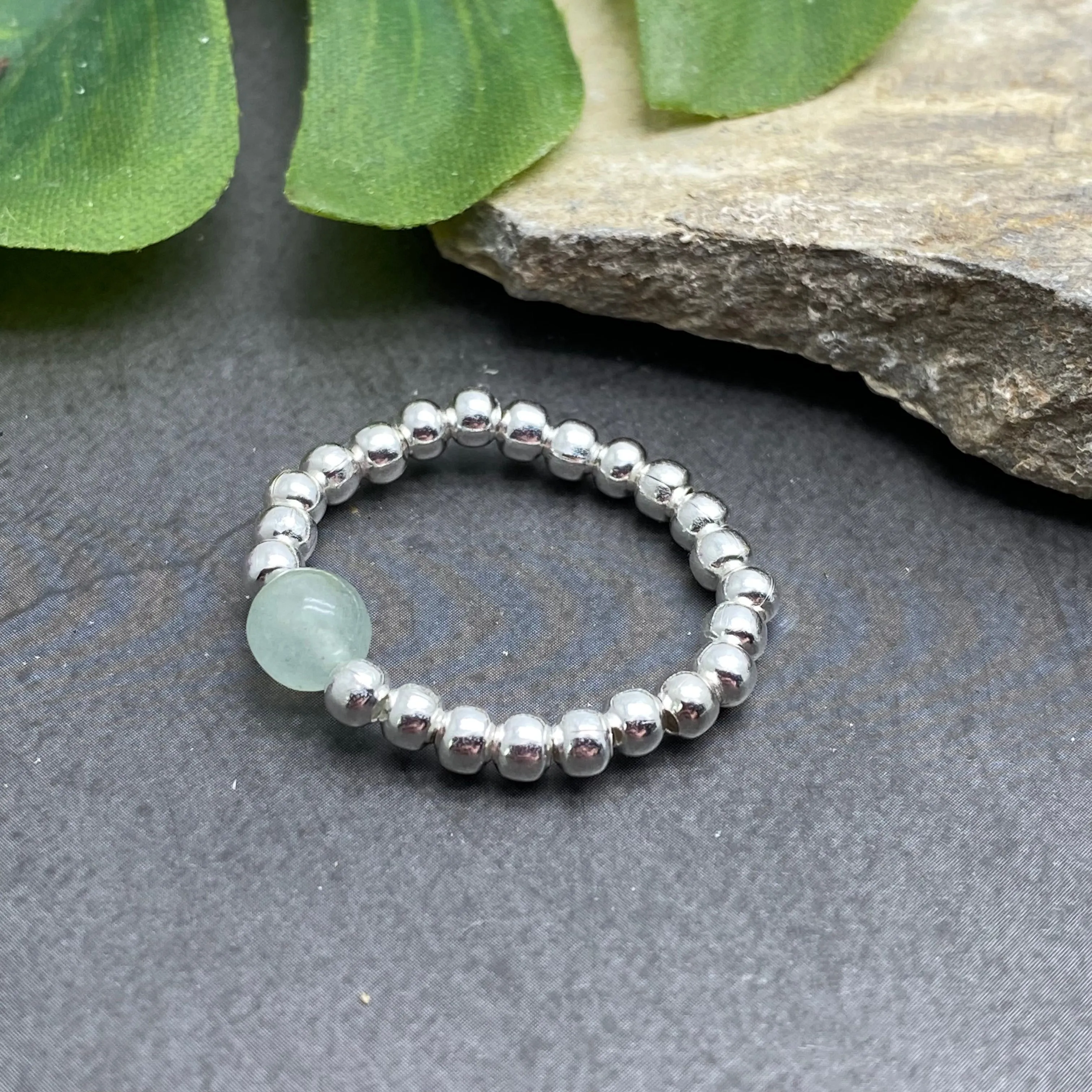 Green Aventurine Stretch Ring with Silver Plated Beads