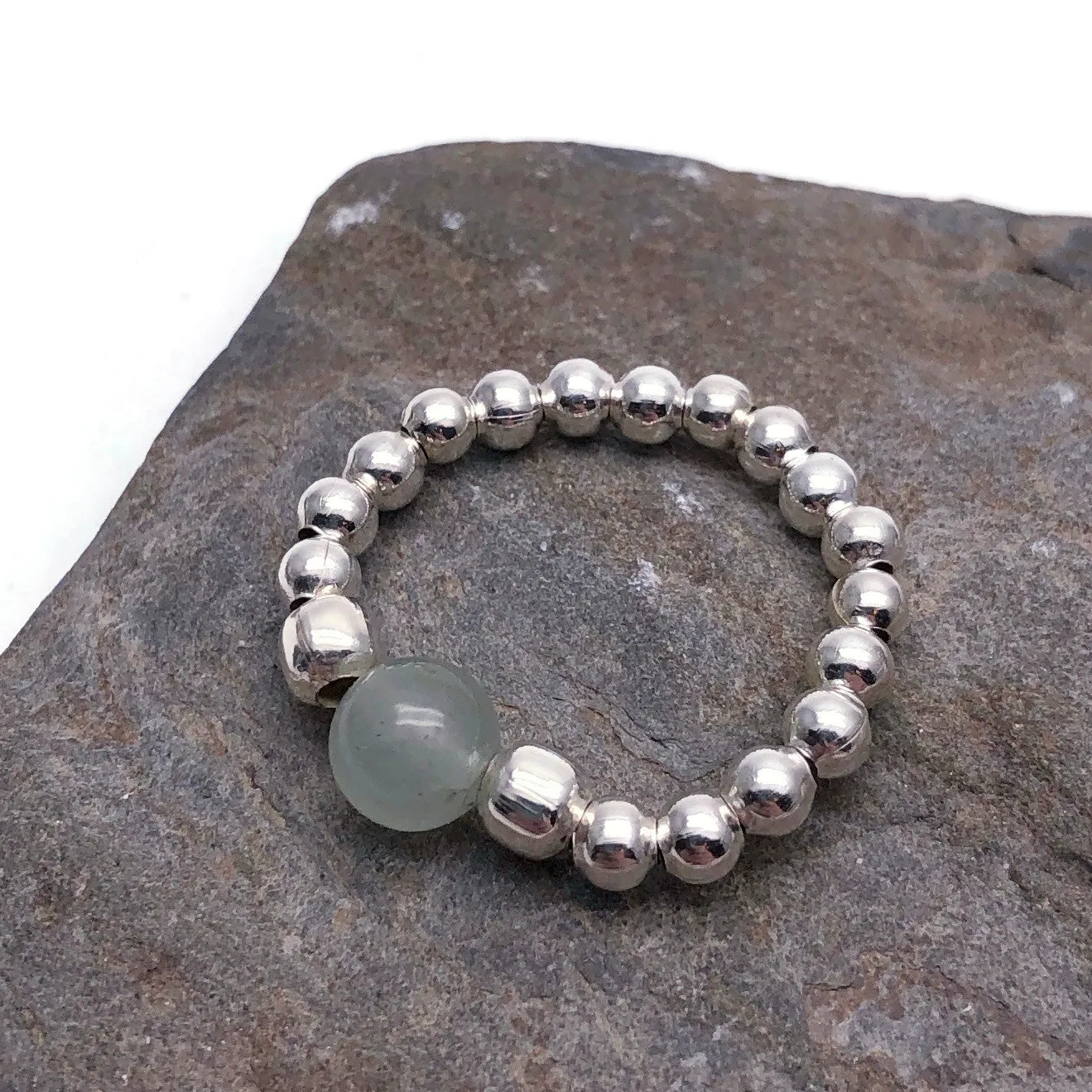 Green Aventurine Stretch Ring with Silver Plated Beads