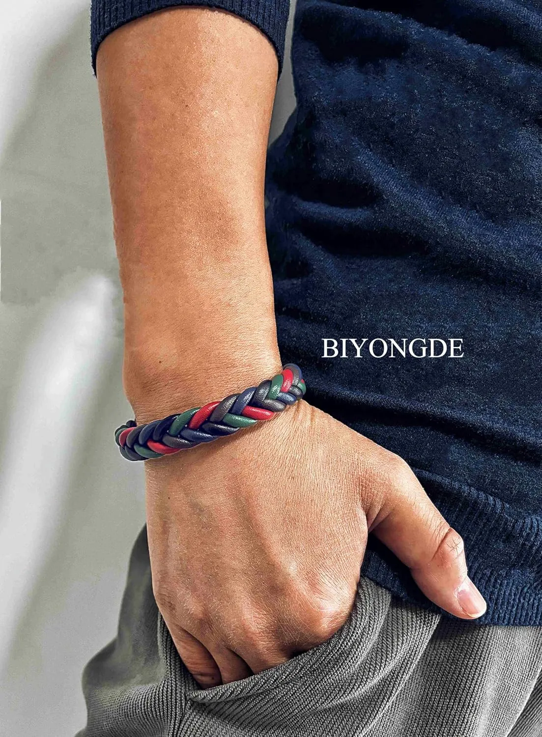 Handmade Braided Leather Bracelet, Black Stainless Steel Clasp, Mens, Cool Classic Stylish