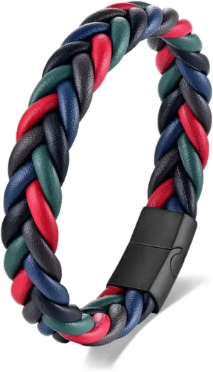 Handmade Braided Leather Bracelet, Black Stainless Steel Clasp, Mens, Cool Classic Stylish