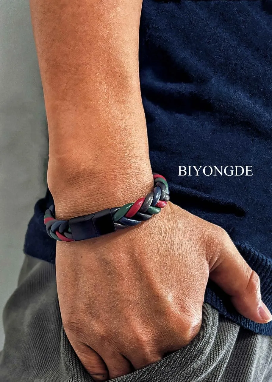 Handmade Braided Leather Bracelet, Black Stainless Steel Clasp, Mens, Cool Classic Stylish