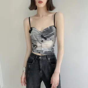 Hit Color Printing Tank Top For Women Square Collar Sleeveless Slimming Vintage Sexy Vest Female Fashion Clothing