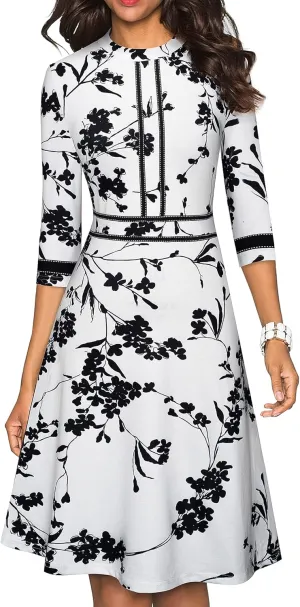 HOMEYEE Women's Chic Crew Neck 3/4 Sleeve Party Homecoming Aline Dress A135