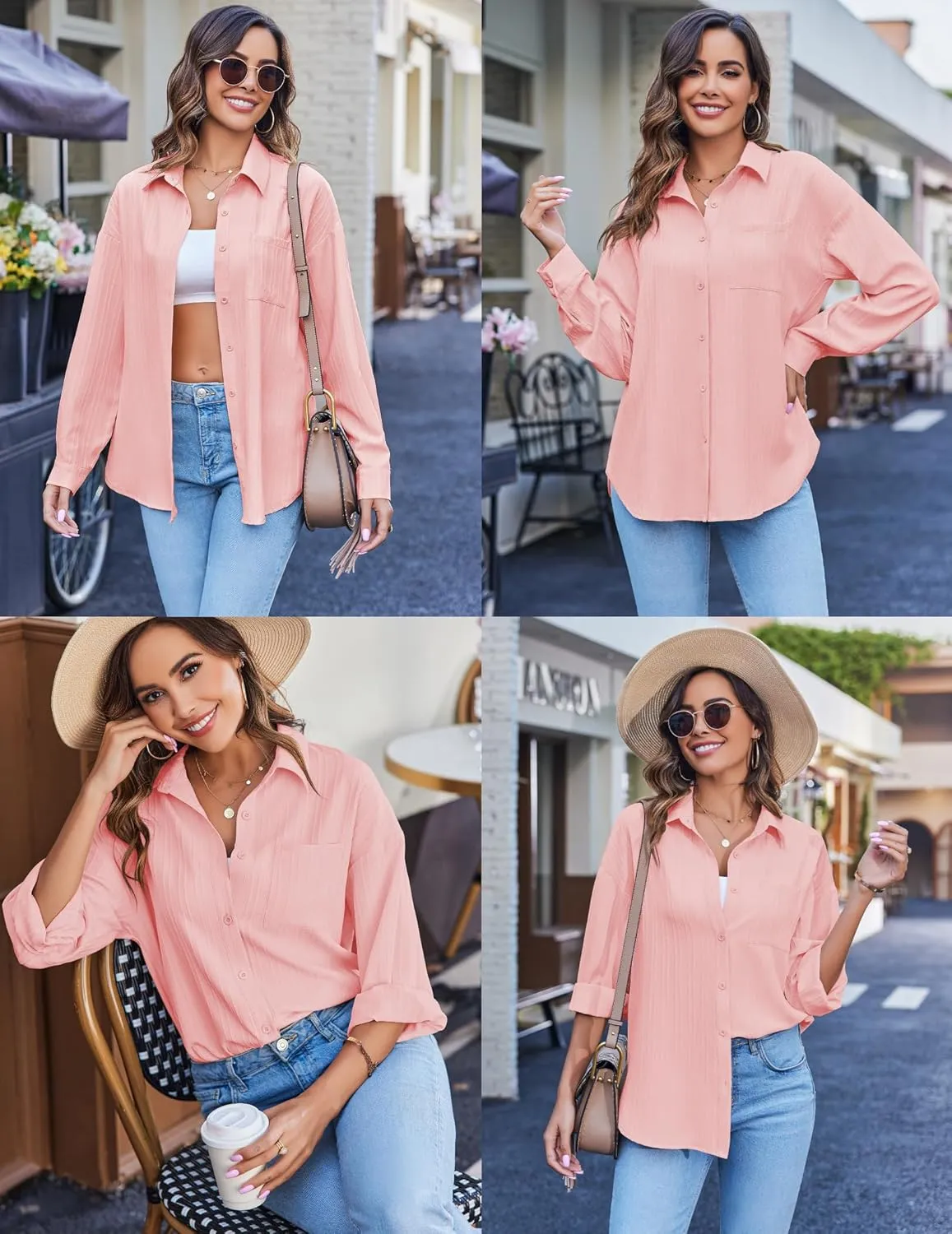 HOTOUCH Womens Button Down Shirt Casual Long Sleeves Loose fit Classic Collared Blouses Fasion Textured Top with Pockets