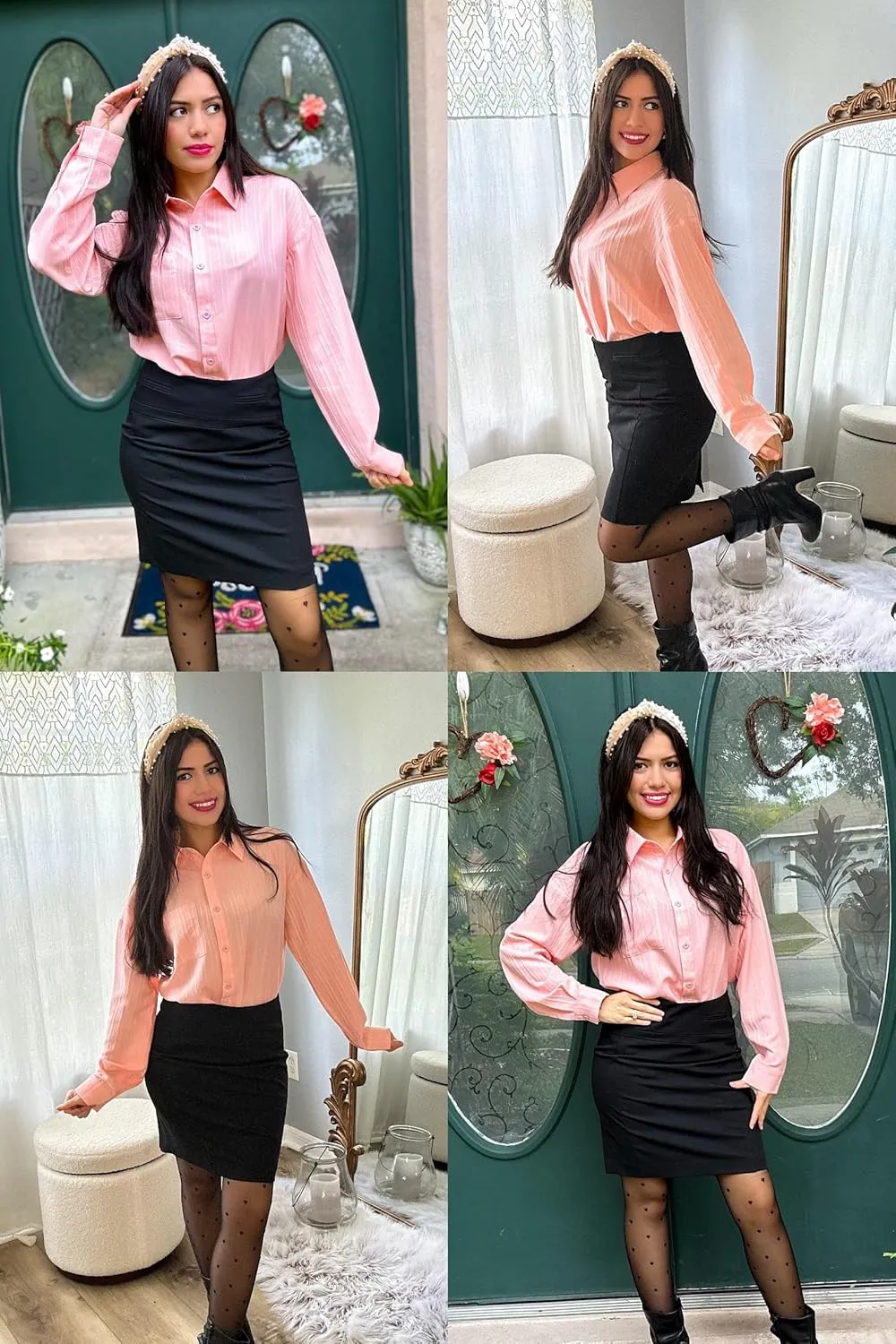 HOTOUCH Womens Button Down Shirt Casual Long Sleeves Loose fit Classic Collared Blouses Fasion Textured Top with Pockets