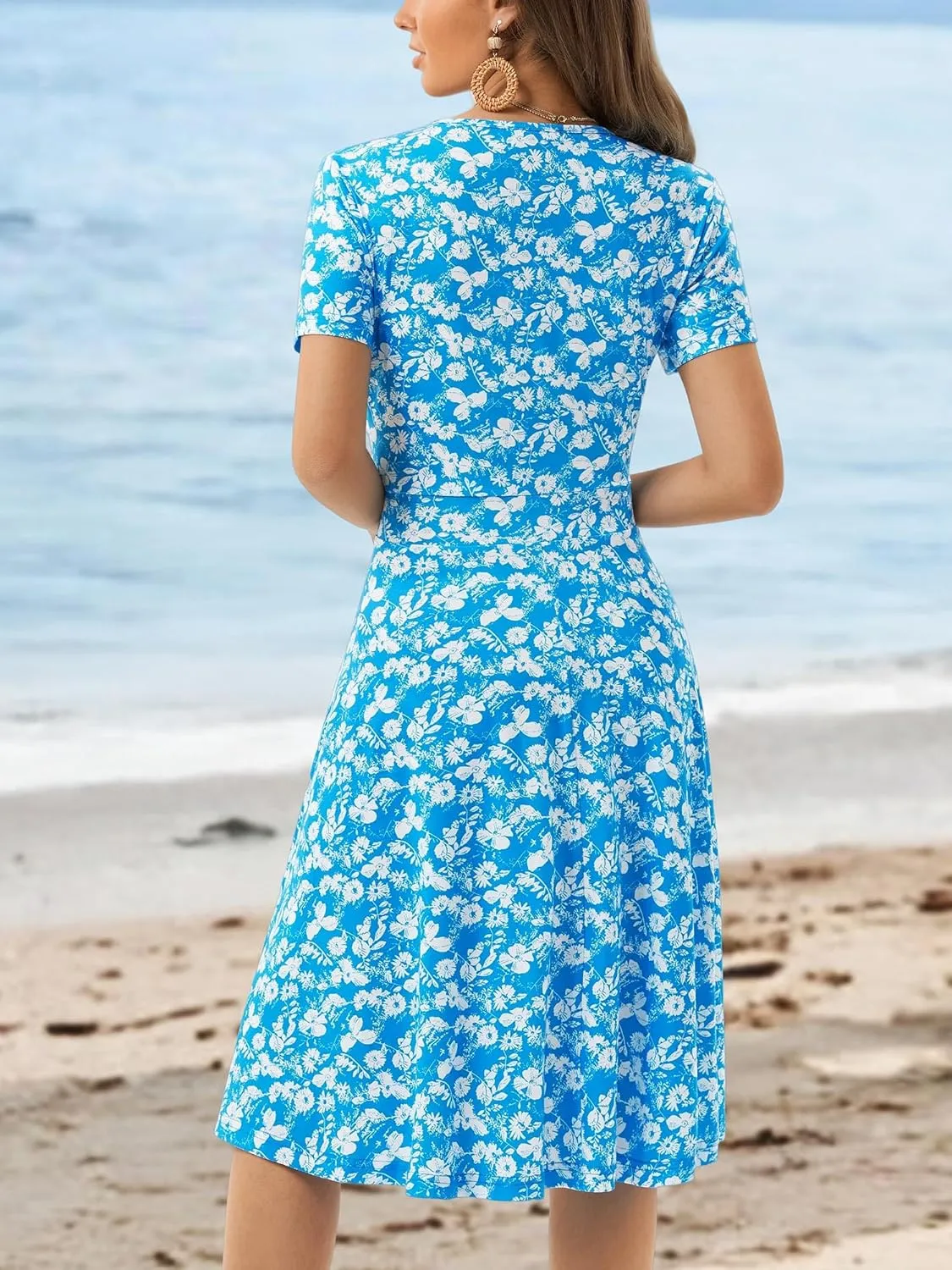 MSBASIC Womens Summer Wrap V Neck Casual Dresses Floral Short Sleeve A-Line Midi Sundress