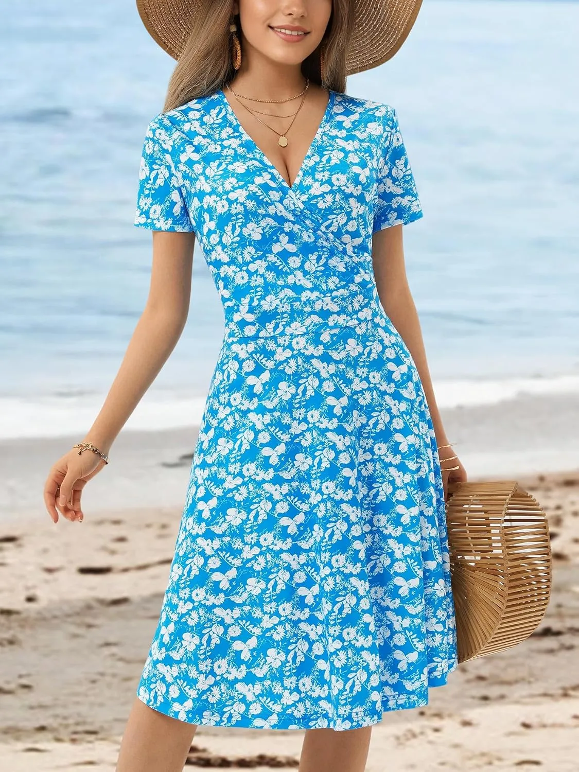 MSBASIC Womens Summer Wrap V Neck Casual Dresses Floral Short Sleeve A-Line Midi Sundress