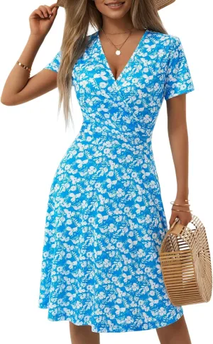 MSBASIC Womens Summer Wrap V Neck Casual Dresses Floral Short Sleeve A-Line Midi Sundress