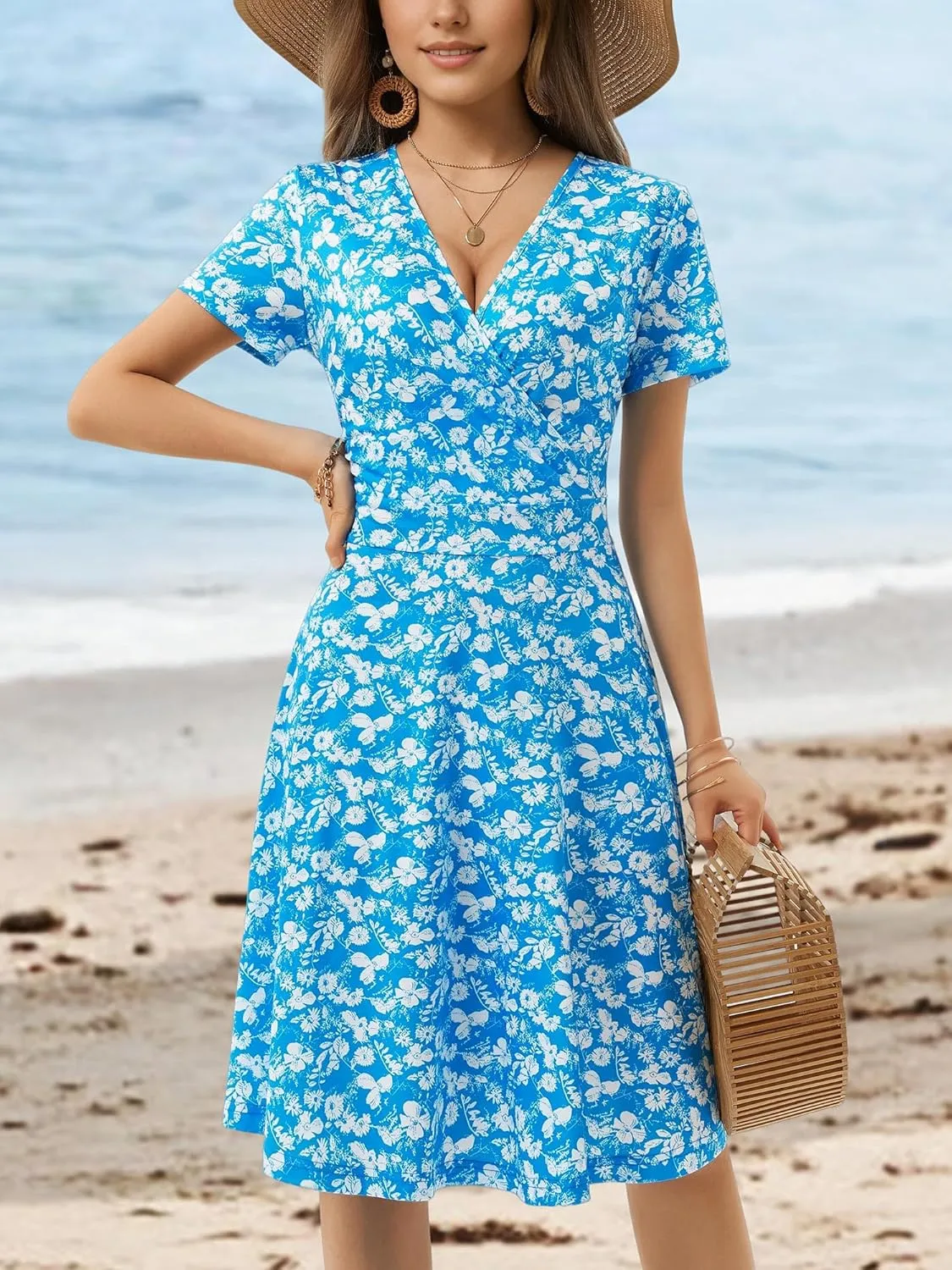 MSBASIC Womens Summer Wrap V Neck Casual Dresses Floral Short Sleeve A-Line Midi Sundress
