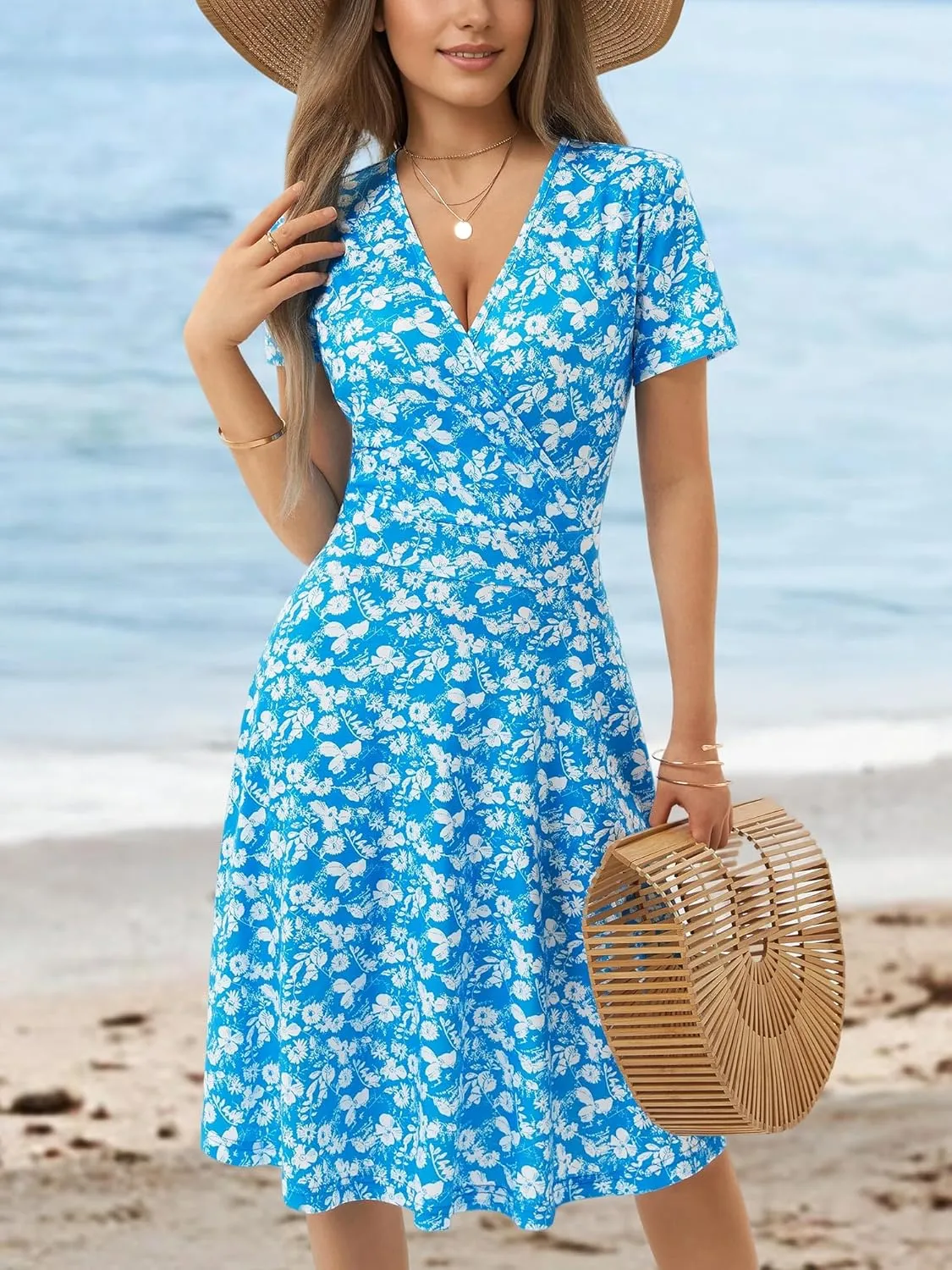 MSBASIC Womens Summer Wrap V Neck Casual Dresses Floral Short Sleeve A-Line Midi Sundress