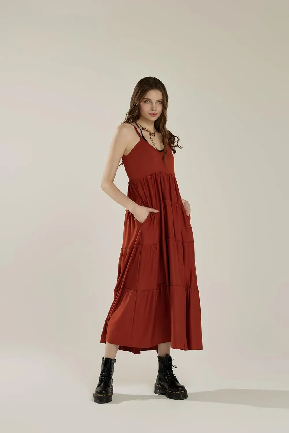 noflik Women's Comfortable and Flowy Knit V-Neckline Ruffle Tiers Knit Maxi Dress