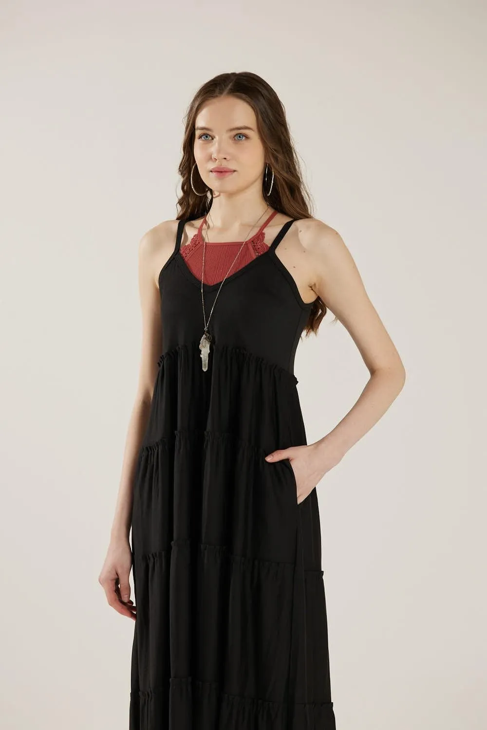 noflik Women's Comfortable and Flowy Knit V-Neckline Ruffle Tiers Knit Maxi Dress