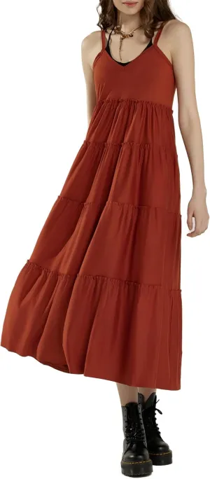noflik Women's Comfortable and Flowy Knit V-Neckline Ruffle Tiers Knit Maxi Dress