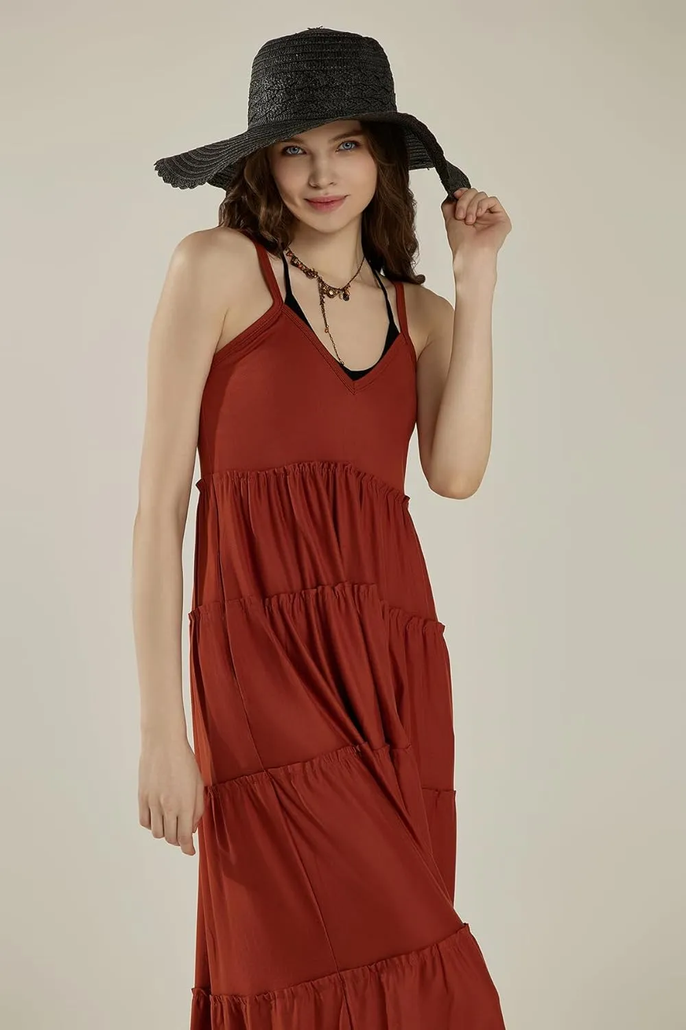 noflik Women's Comfortable and Flowy Knit V-Neckline Ruffle Tiers Knit Maxi Dress