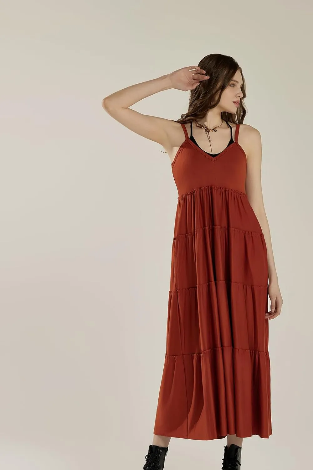 noflik Women's Comfortable and Flowy Knit V-Neckline Ruffle Tiers Knit Maxi Dress