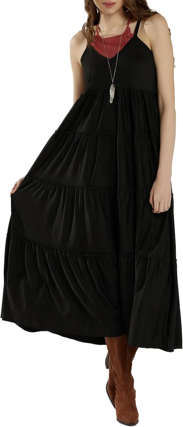 noflik Women's Comfortable and Flowy Knit V-Neckline Ruffle Tiers Knit Maxi Dress