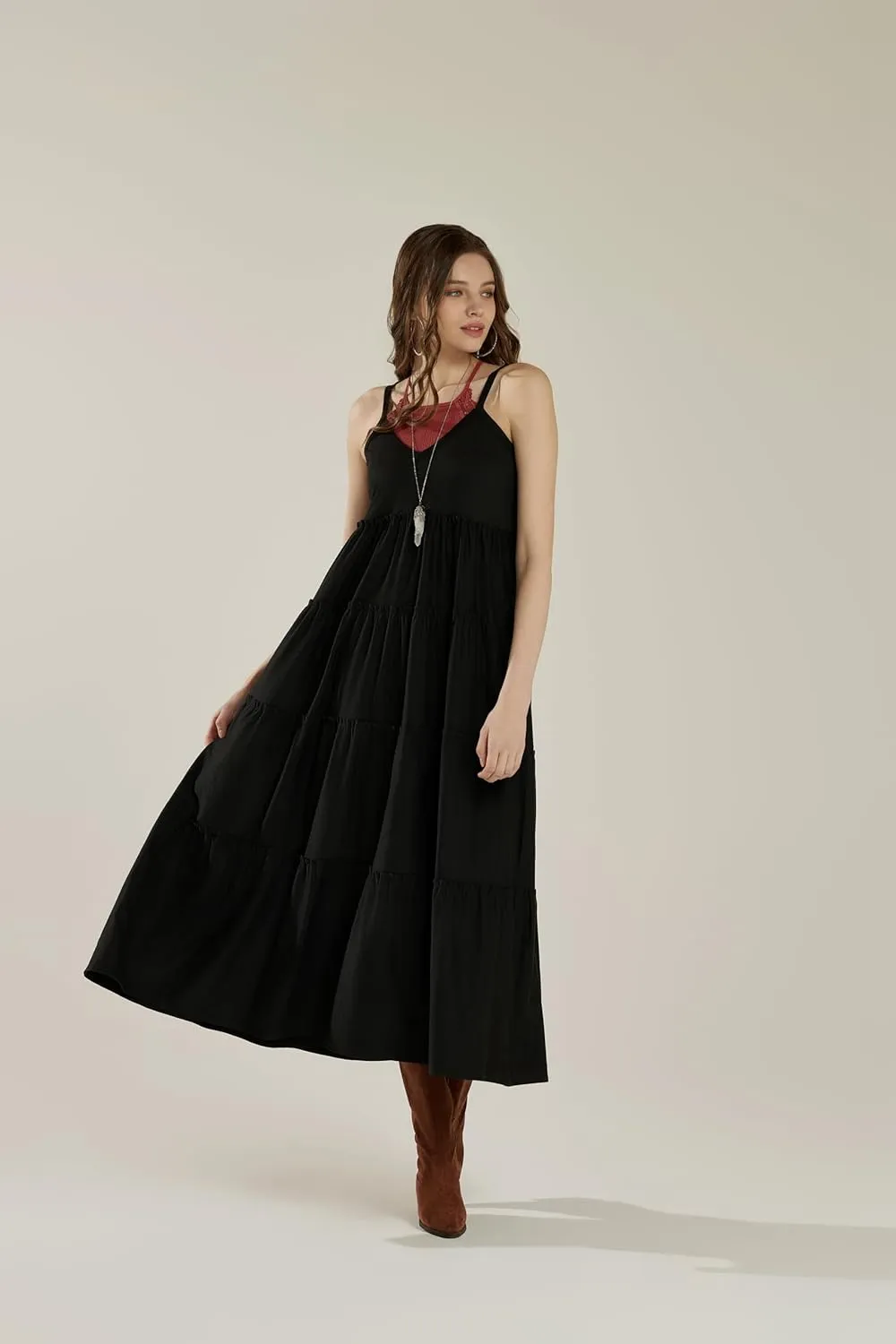 noflik Women's Comfortable and Flowy Knit V-Neckline Ruffle Tiers Knit Maxi Dress
