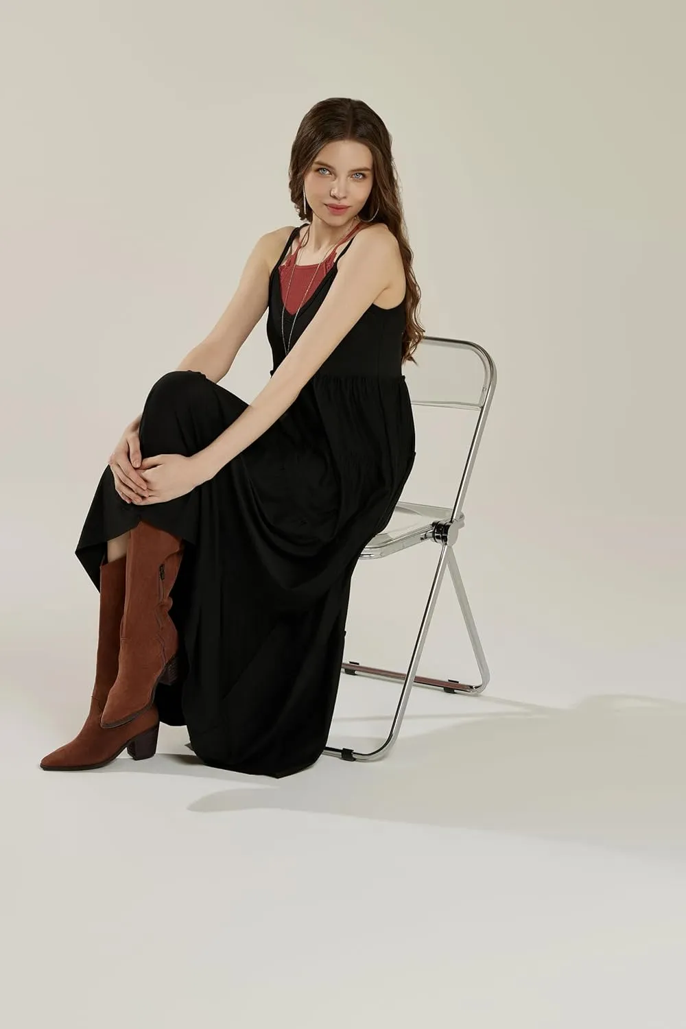noflik Women's Comfortable and Flowy Knit V-Neckline Ruffle Tiers Knit Maxi Dress